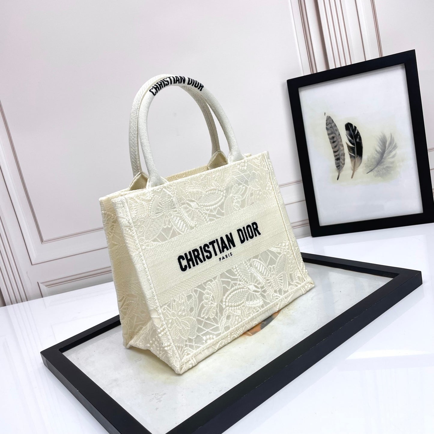 Dior Elegant White Floral Embroidered Canvas Tote Bag with Top Handles