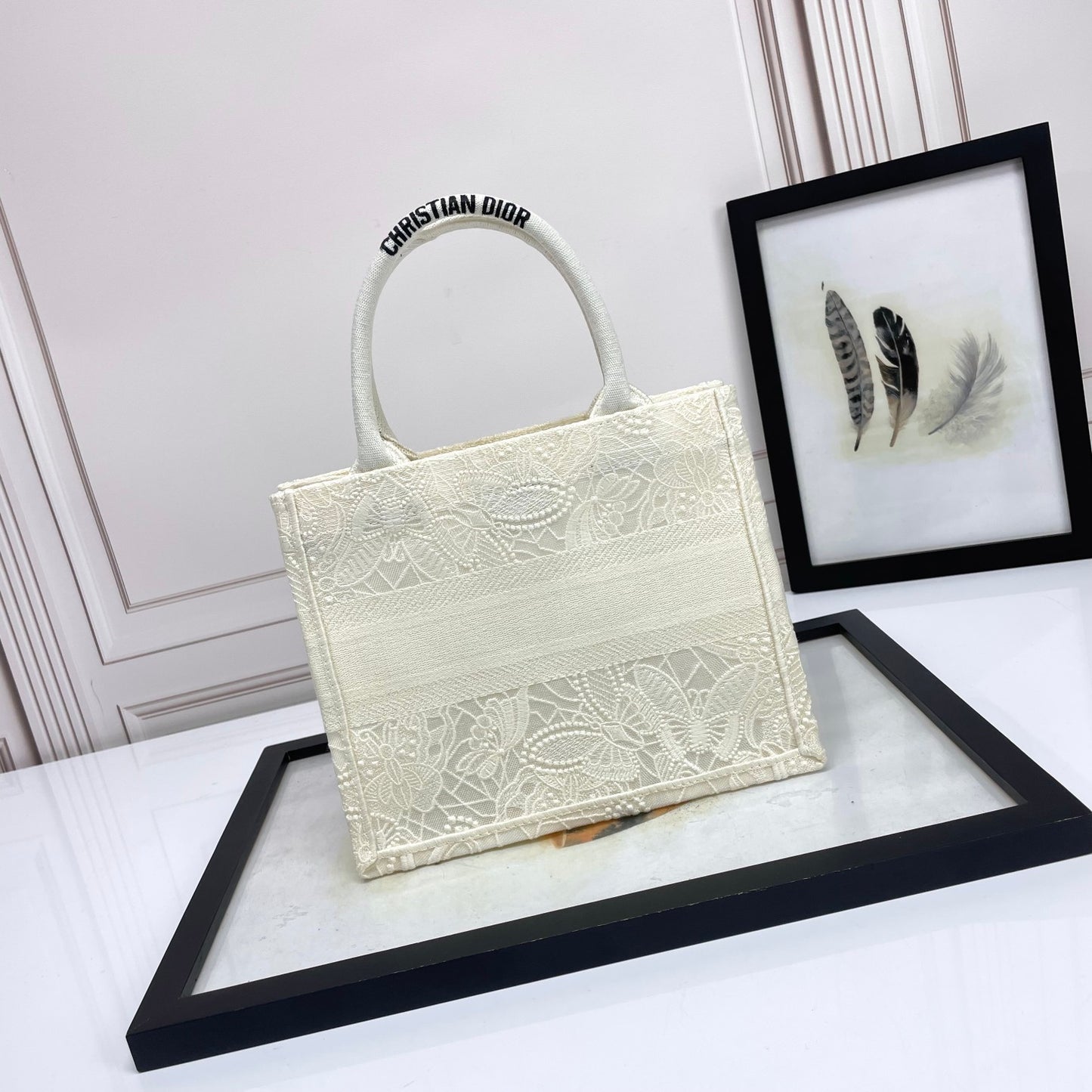 Christian Dior White Embroidered Book Tote Bag