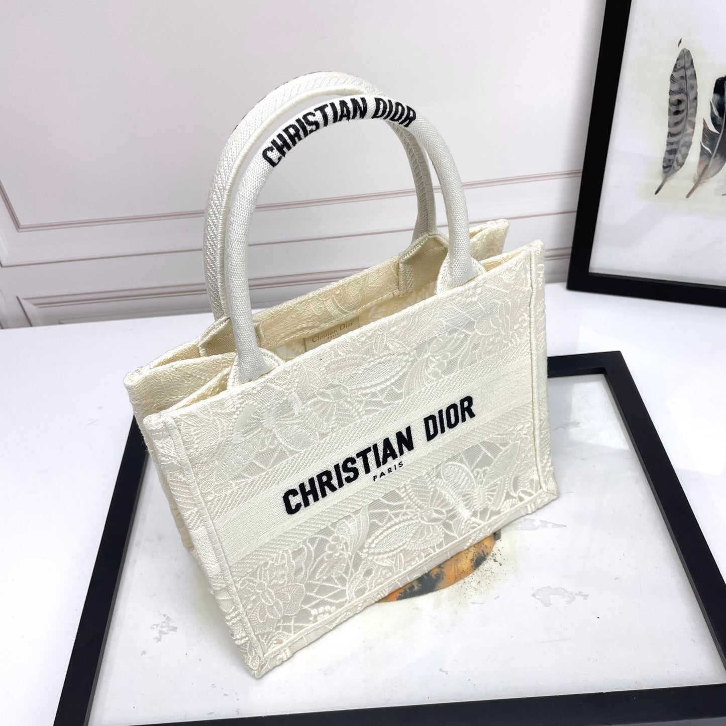 Christian Dior White Embroidered Book Tote Bag