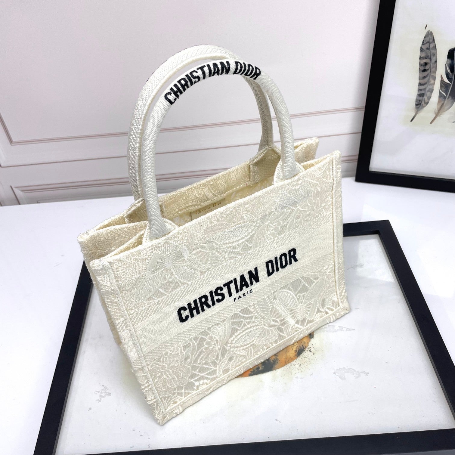 Christian Dior White Embroidered Book Tote Bag