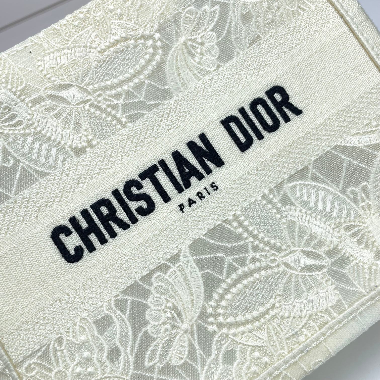 Christian Dior Small Book Tote Bag White Embroidered Canvas