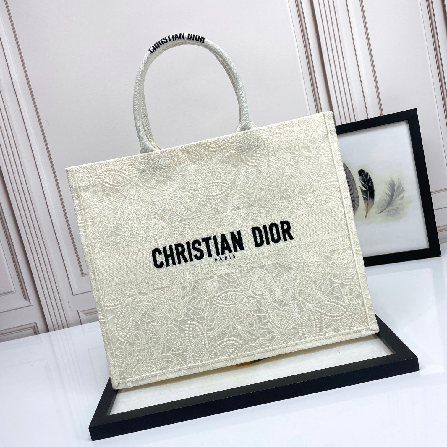Christian Dior Large Book Tote - White Tone-on-Tone Embroidered Canvas