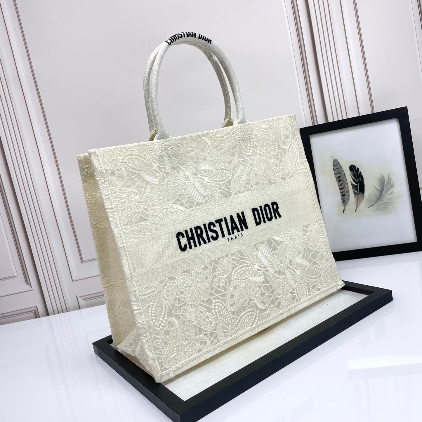 Christian Dior Large Book Tote White Embroidered Canvas Handbag