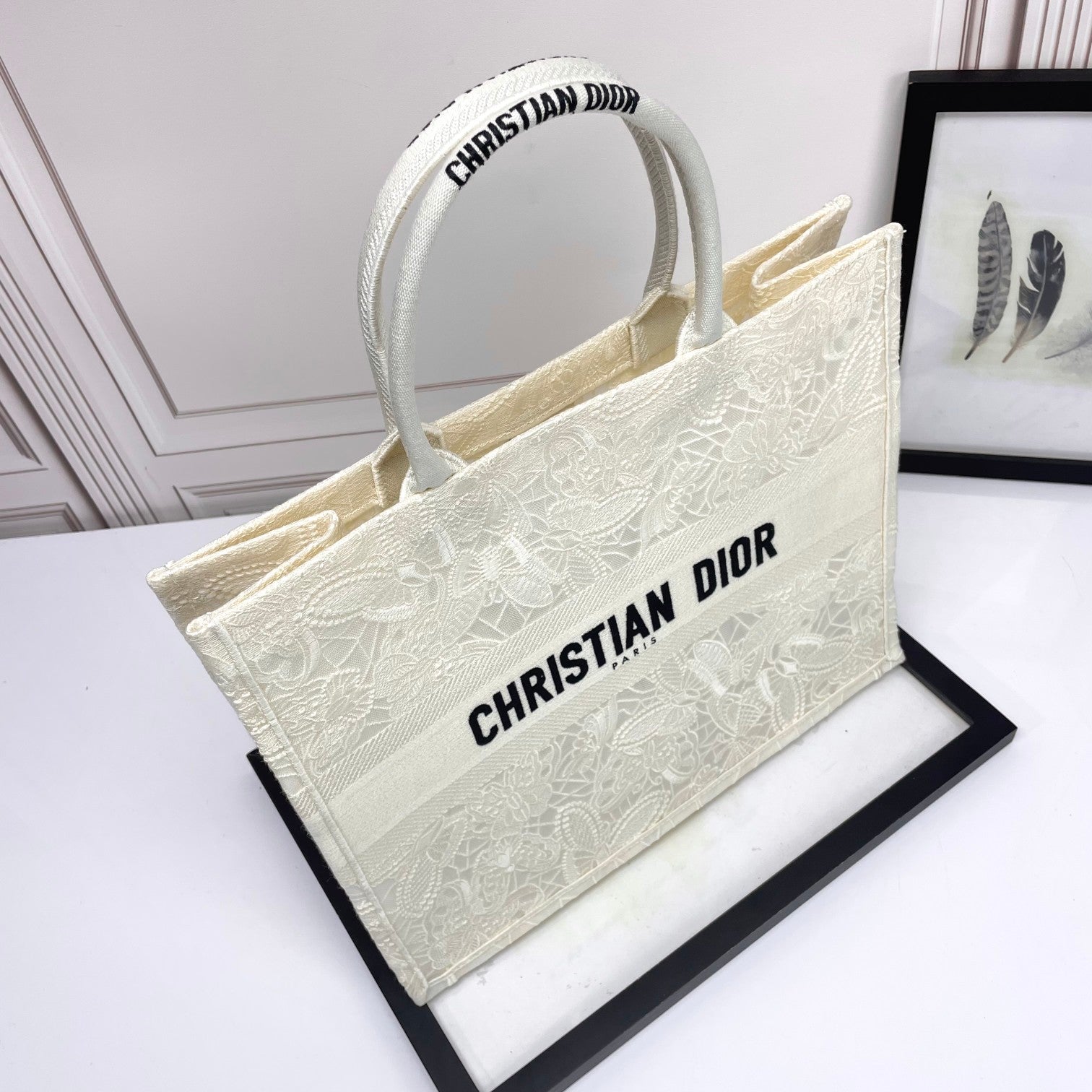 Christian Dior Large Book Tote - White Tone-on-Tone Embroidered Canvas