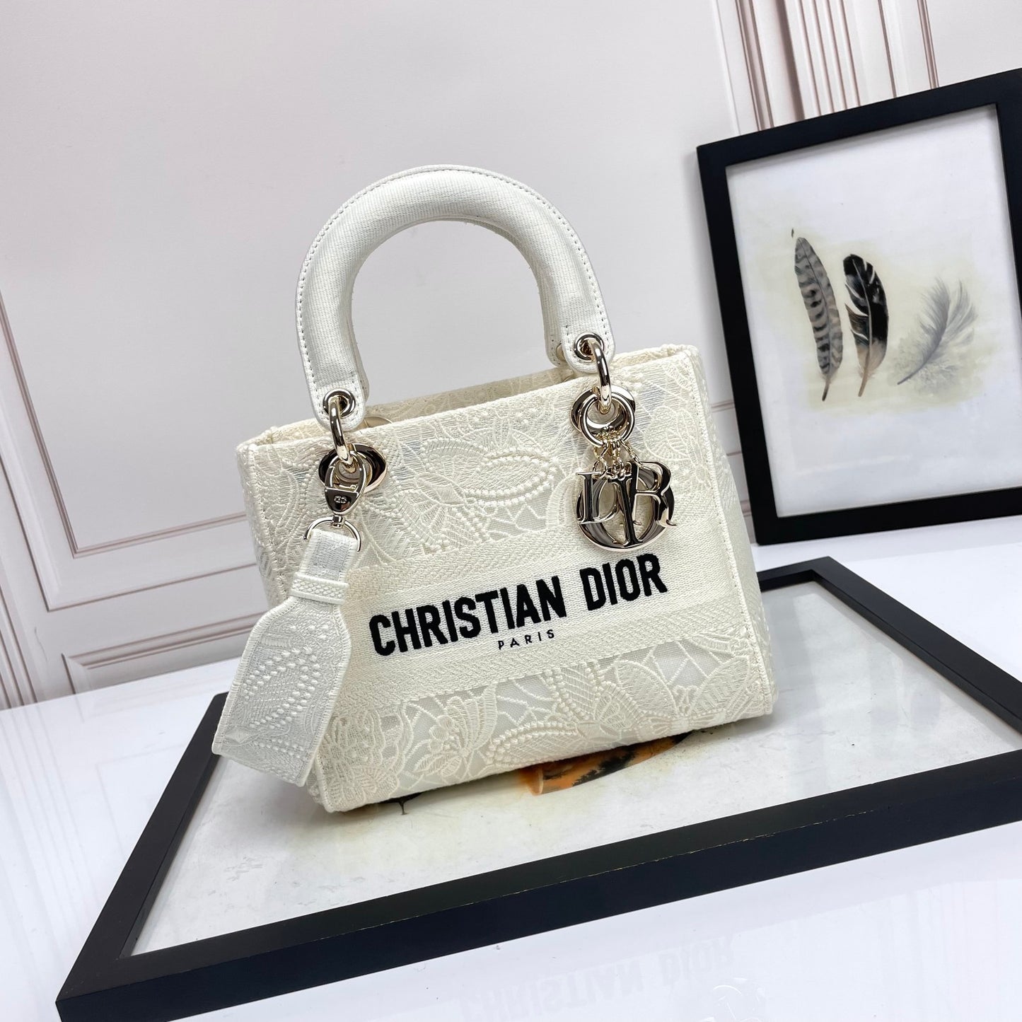 Dior White Embroidered Canvas Top Handle Handbag with Charms