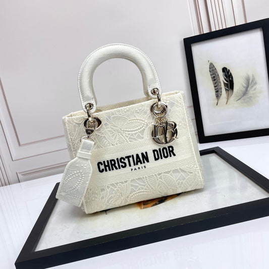 Christian Dior Lady D-Lite Bag - White Tone-on-Tone Canvas with Embroidery