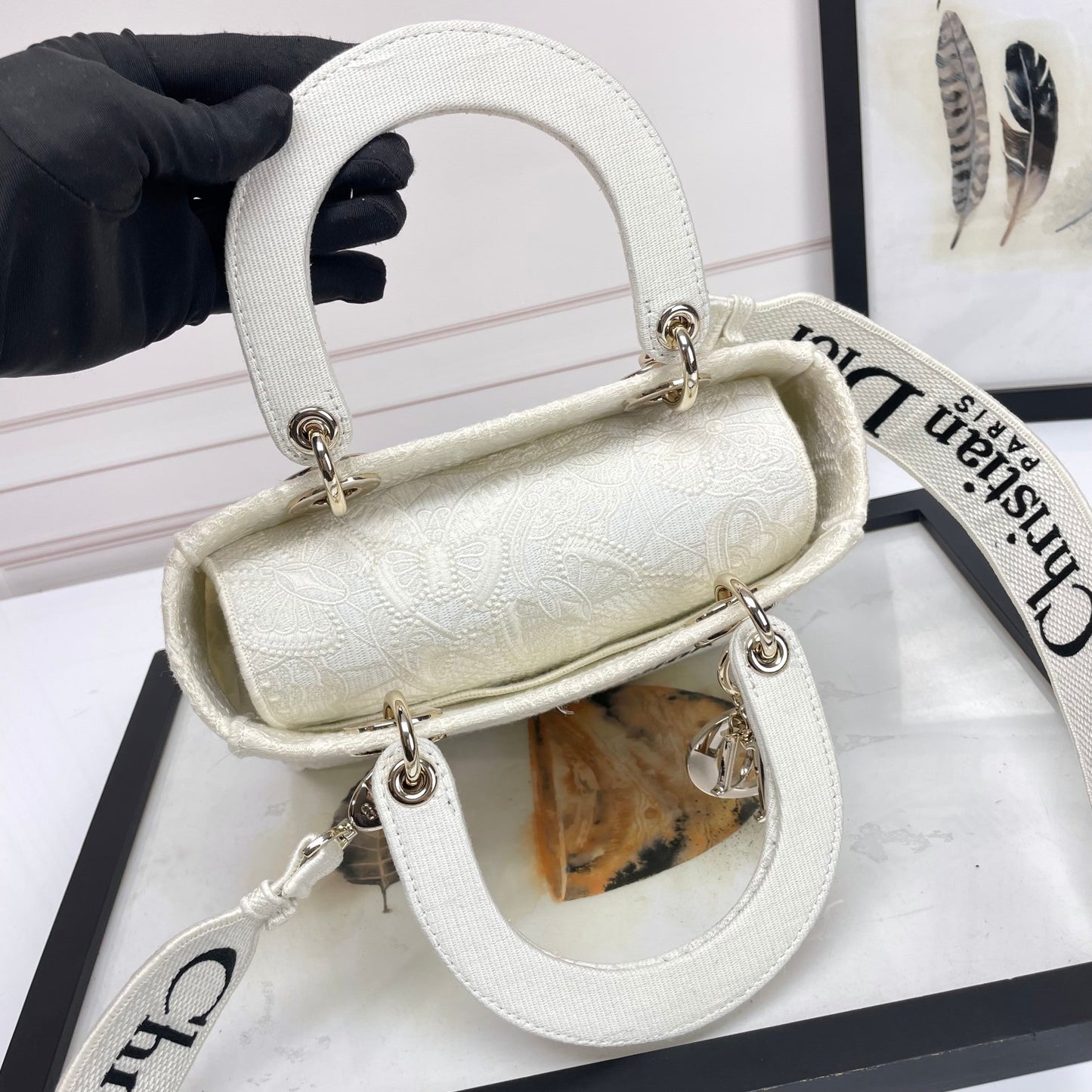 Dior White Embroidered Canvas Top Handle Handbag with Charms