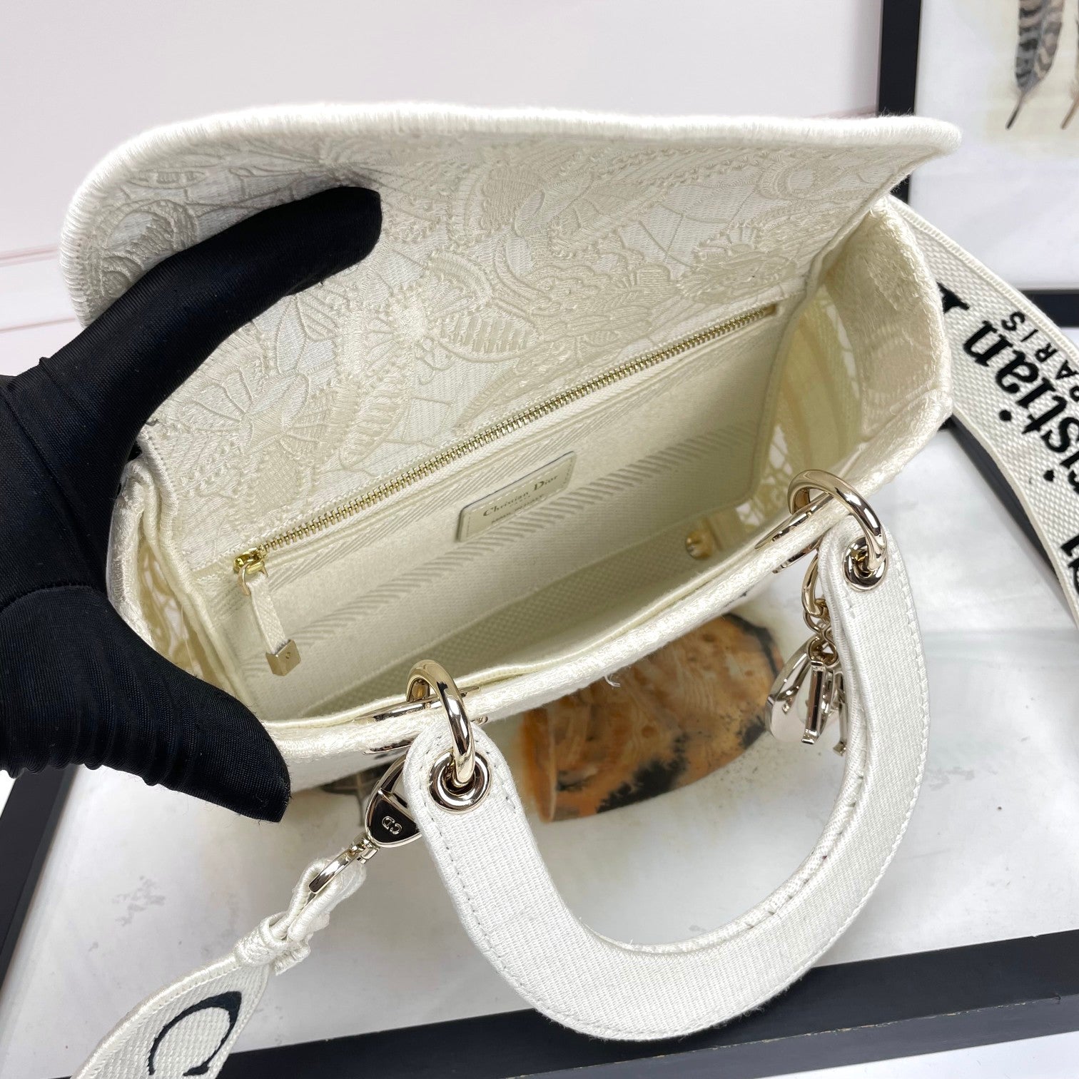 Christian Dior Lady D-Lite Bag - White Tone-on-Tone Canvas with Embroidery