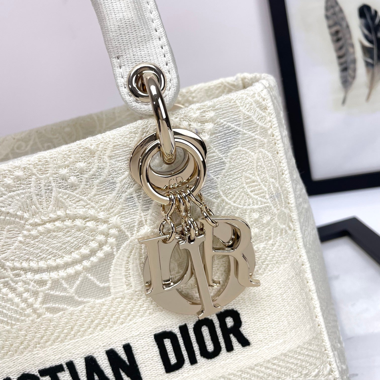 Christian Dior White Embroidered Medium Lady D-Lite Bag