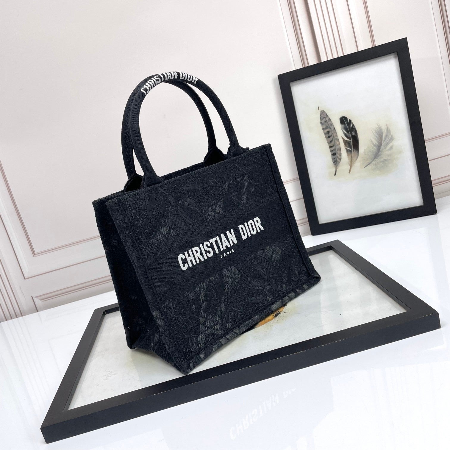 Christian Dior Small Book Tote - Black Embroidered Canvas Handbag