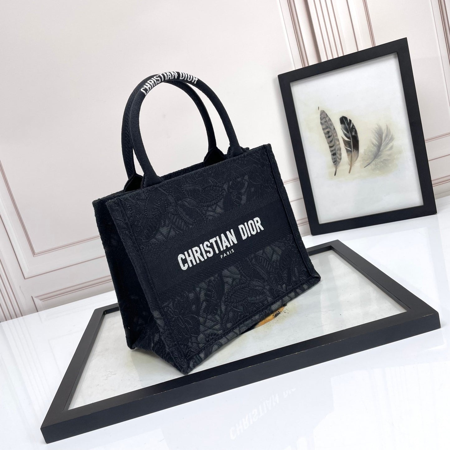 Christian Dior Small Book Tote Bag - Black Embroidered Canvas