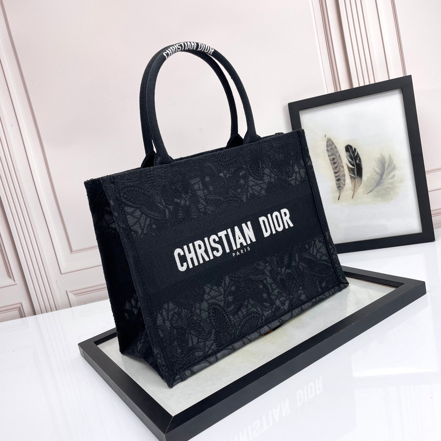 Dior Black Floral Embroidered Canvas Tote Bag with Top Handles