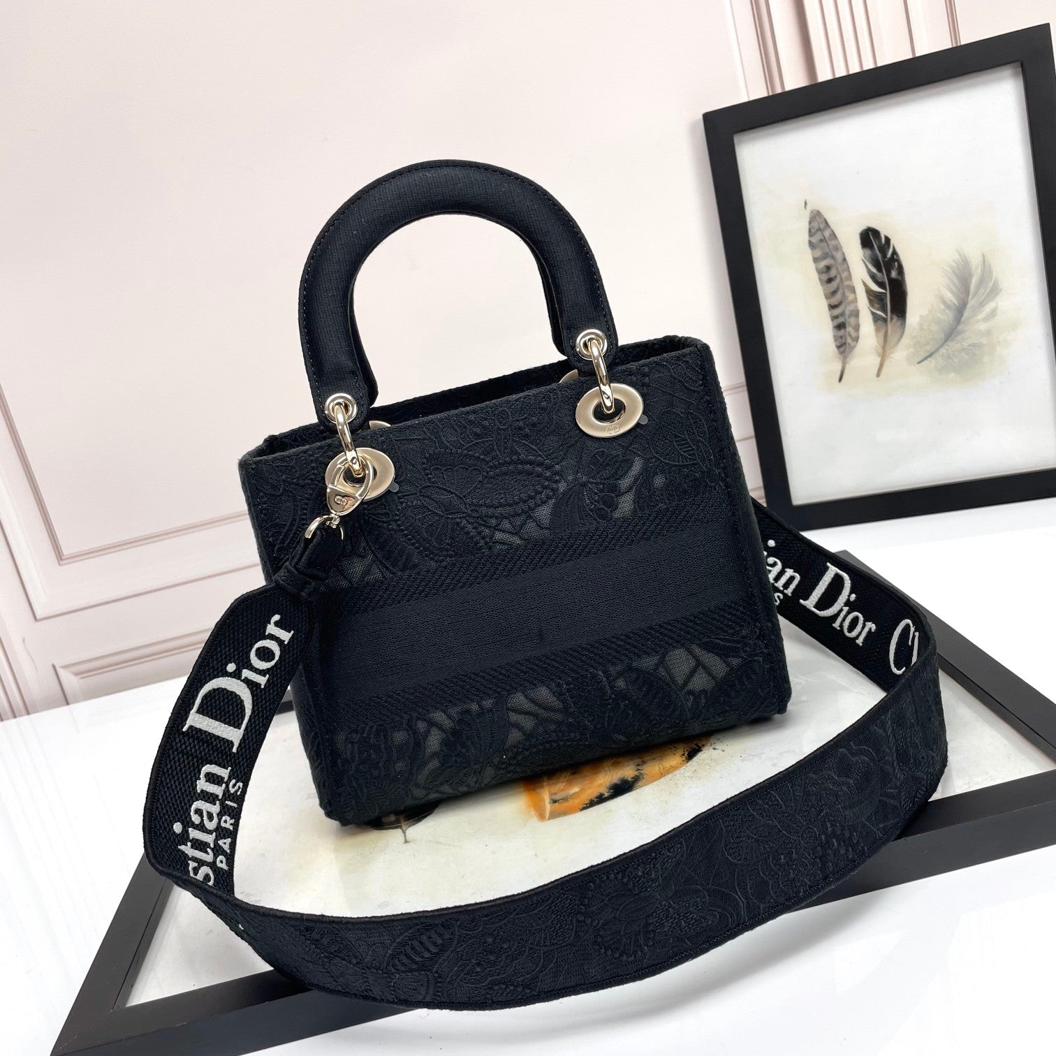 Christian Dior Lady D-Lite Medium Bag Black Embroidered Canvas Handbag