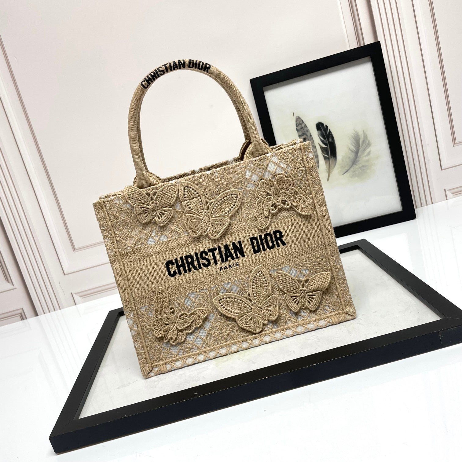 Christian Dior Medium Book Tote - Beige Butterfly Embroidered Canvas Bag