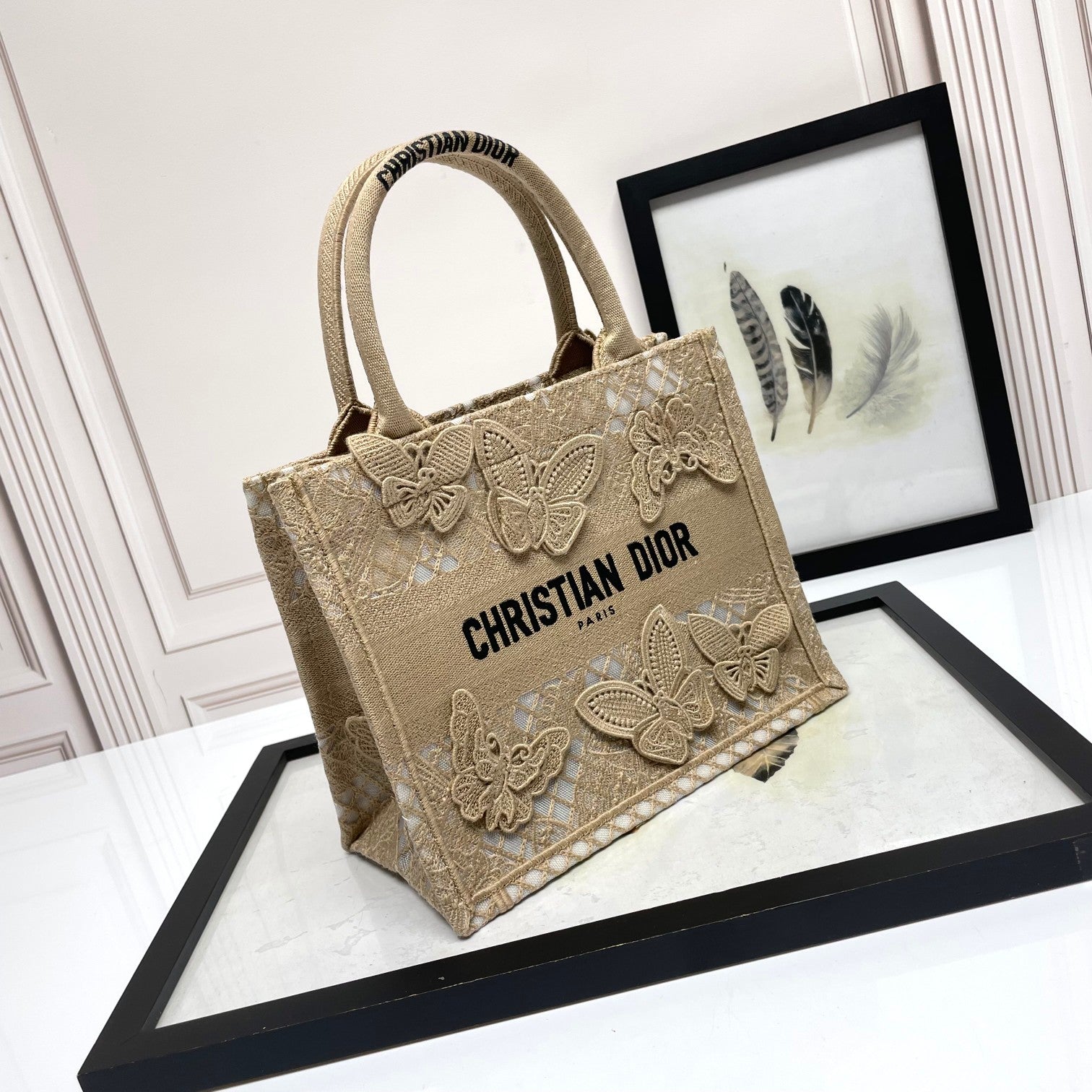 Christian Dior Beige Butterfly Appliqué Book Tote Bag