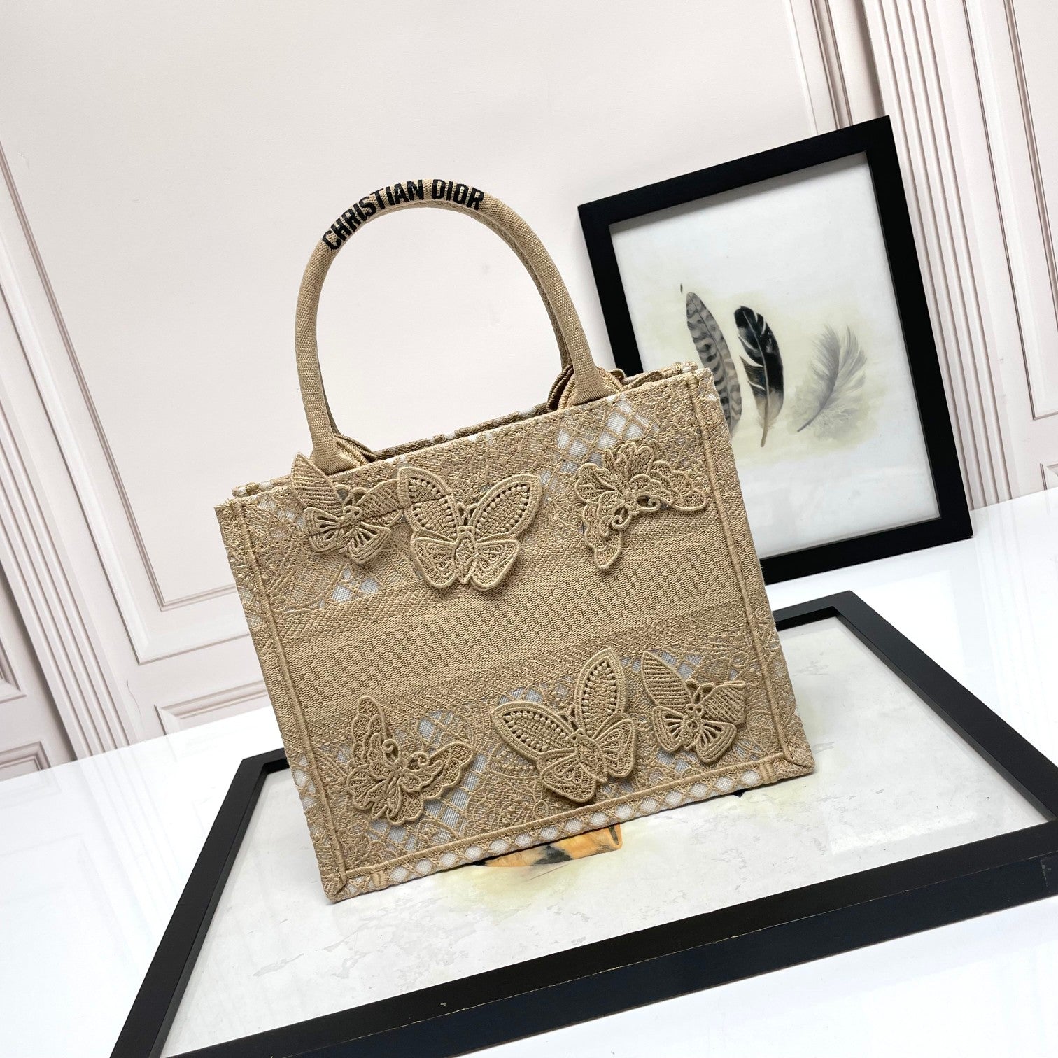 Christian Dior Beige Butterfly Appliqué Book Tote Bag