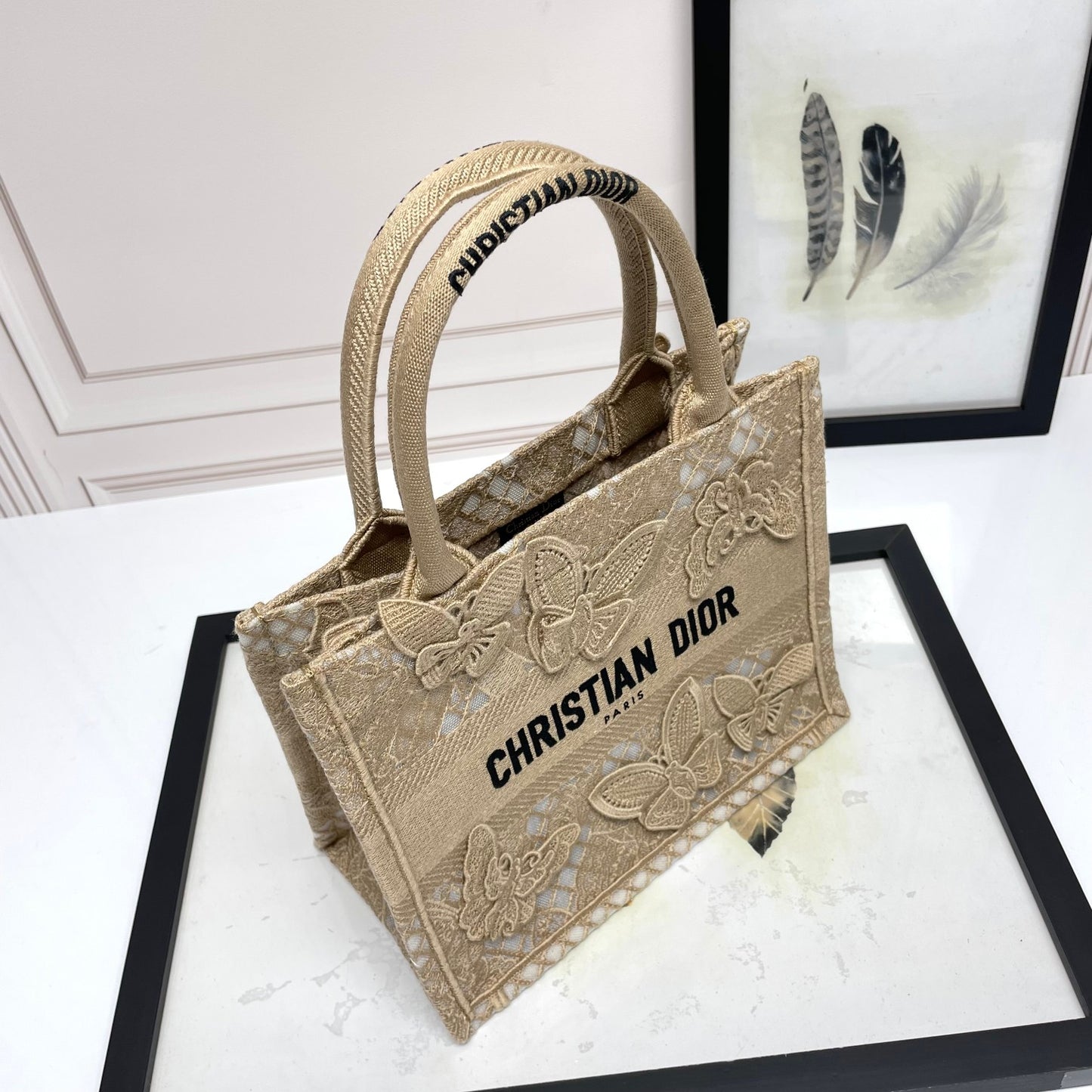 Christian Dior Beige Butterfly Appliqué Book Tote Bag