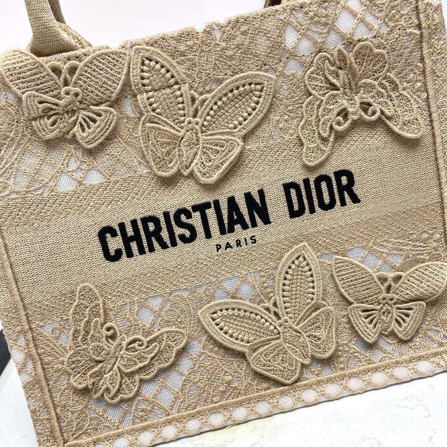 Dior Beige Canvas Tote Handbag with Embroidered 3D Butterflies