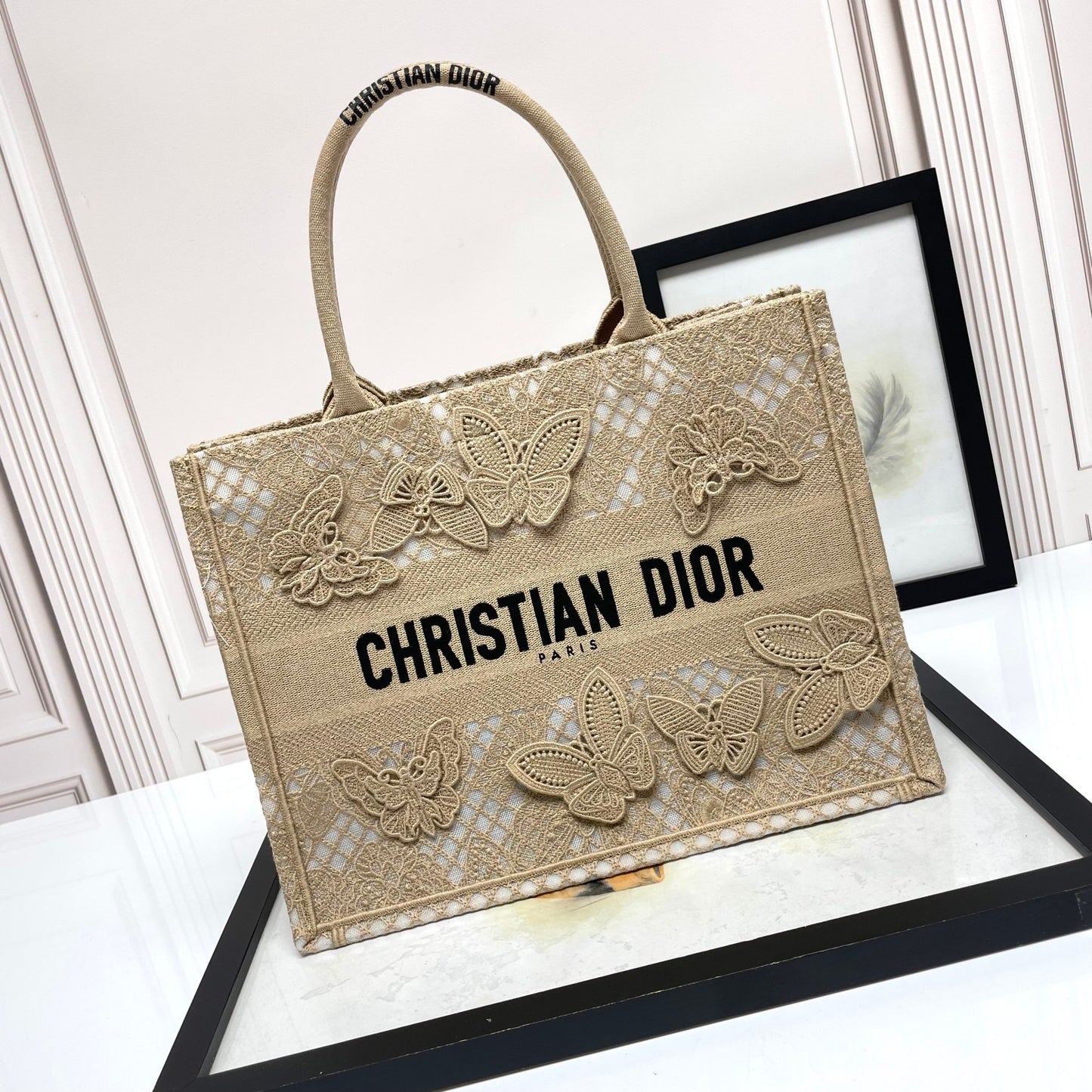 Christian Dior Medium Book Tote Bag with Butterfly Embroidery - Beige Canvas