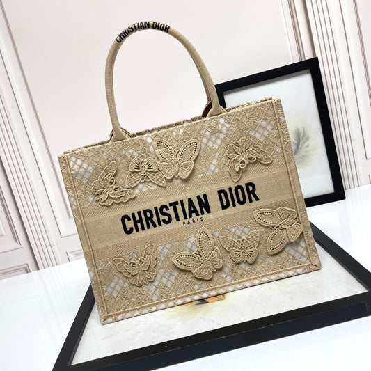 Christian Dior Butterfly Embroidered Book Tote Bag - Beige Canvas