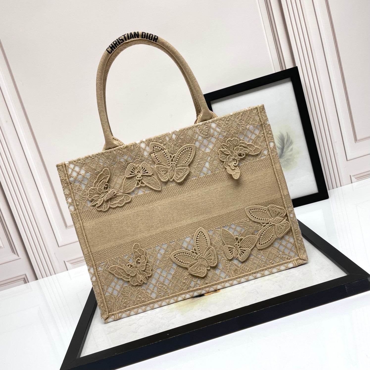 Christian Dior Butterfly Embroidered Book Tote Bag - Beige Canvas