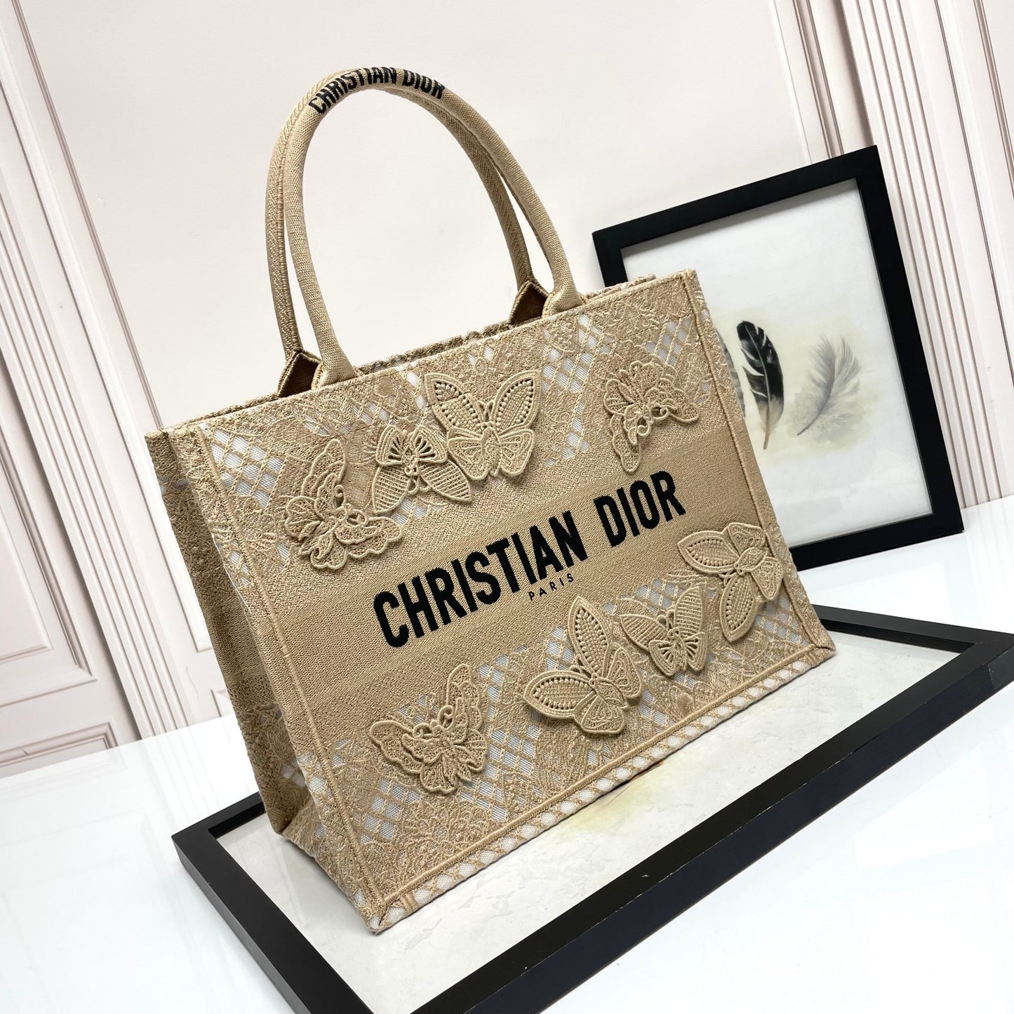Christian Dior Medium Book Tote Bag with Butterfly Embroidery - Beige Canvas
