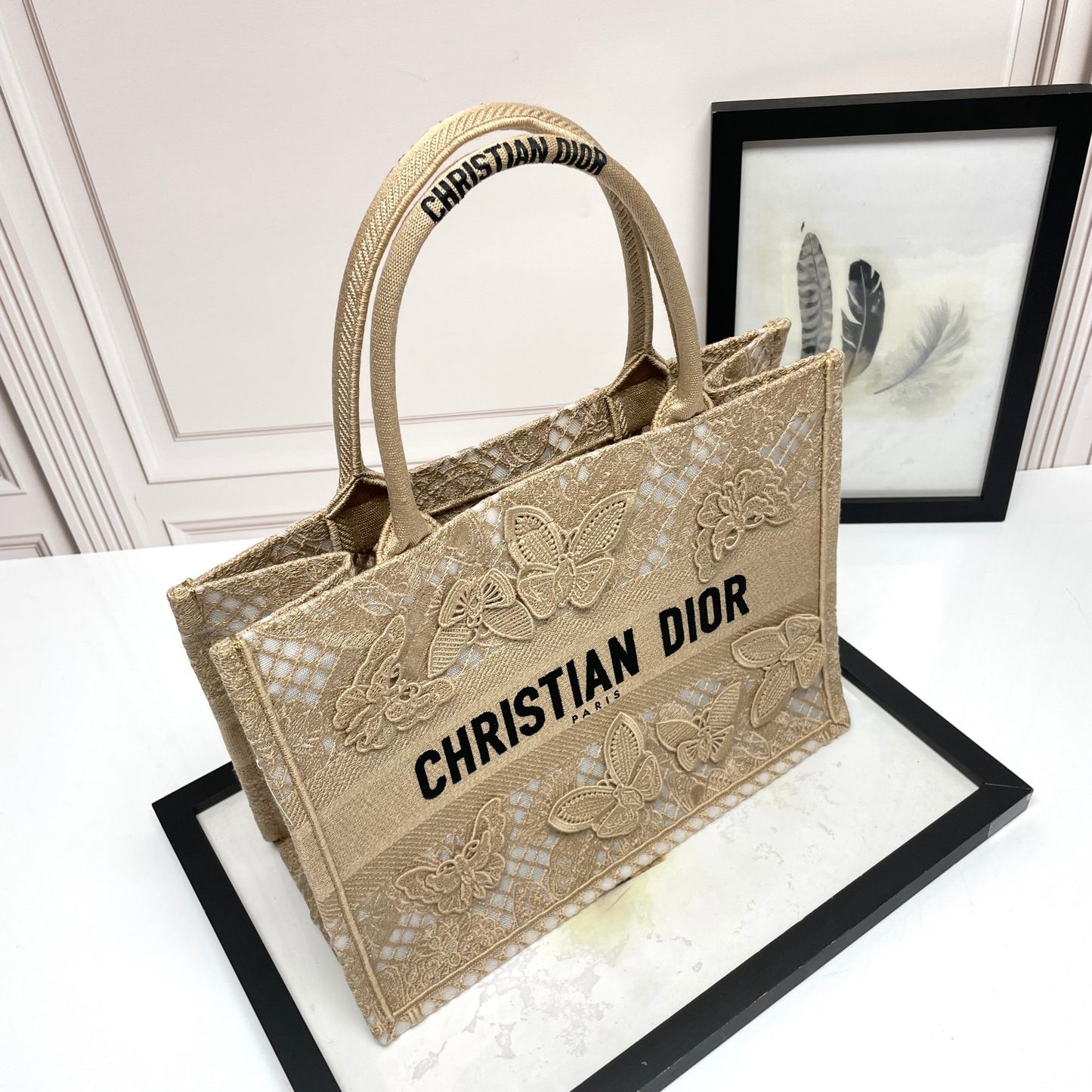 Christian Dior Medium Book Tote Bag with Butterfly Embroidery - Beige Canvas