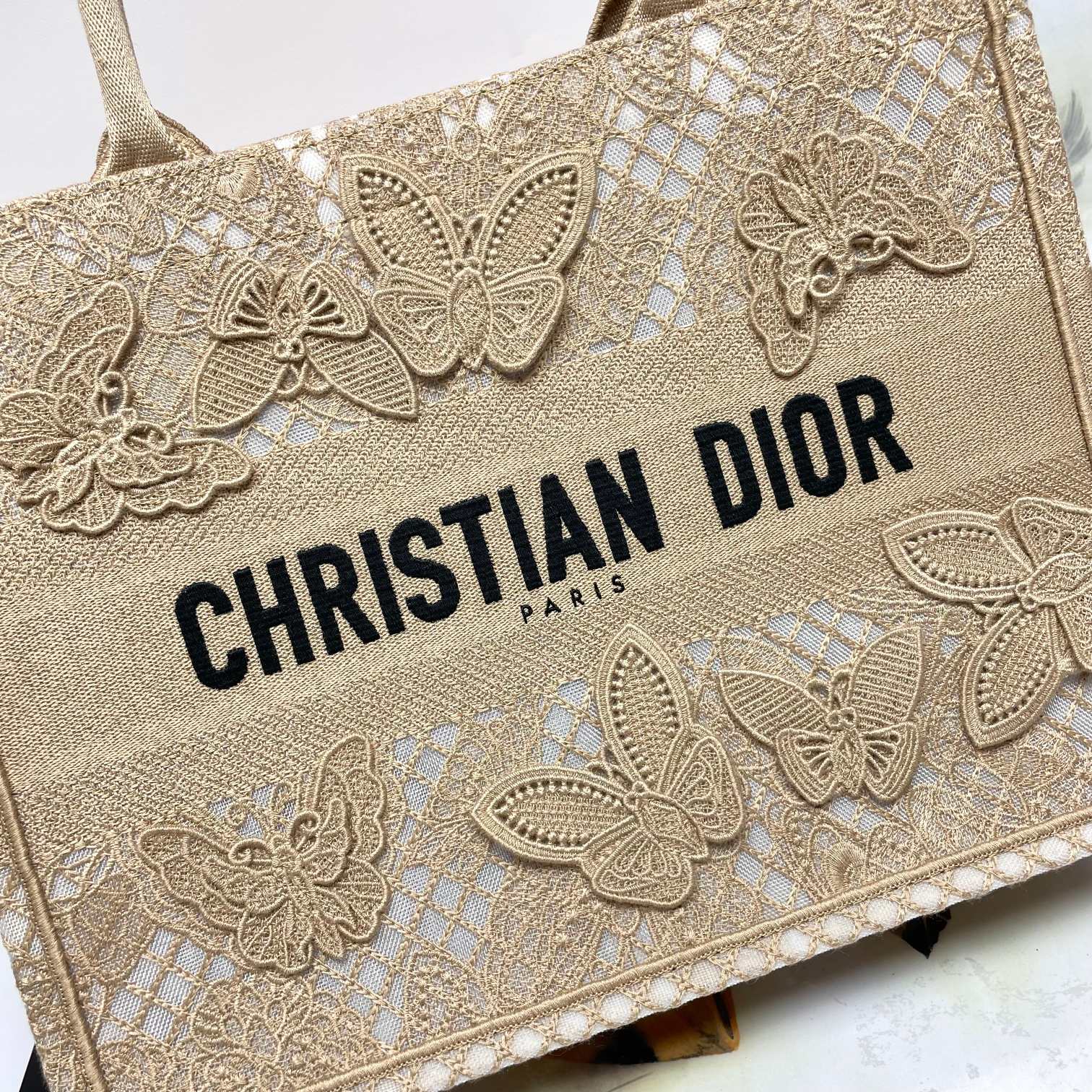 Christian Dior Butterfly Embroidered Book Tote Bag - Beige Canvas