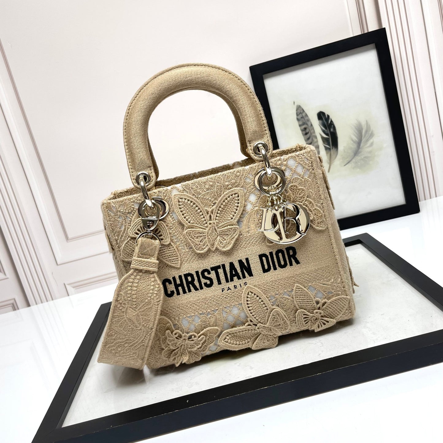 Christian Dior Lady D-Lite Bag Beige Butterfly Embroidered Canvas Handbag