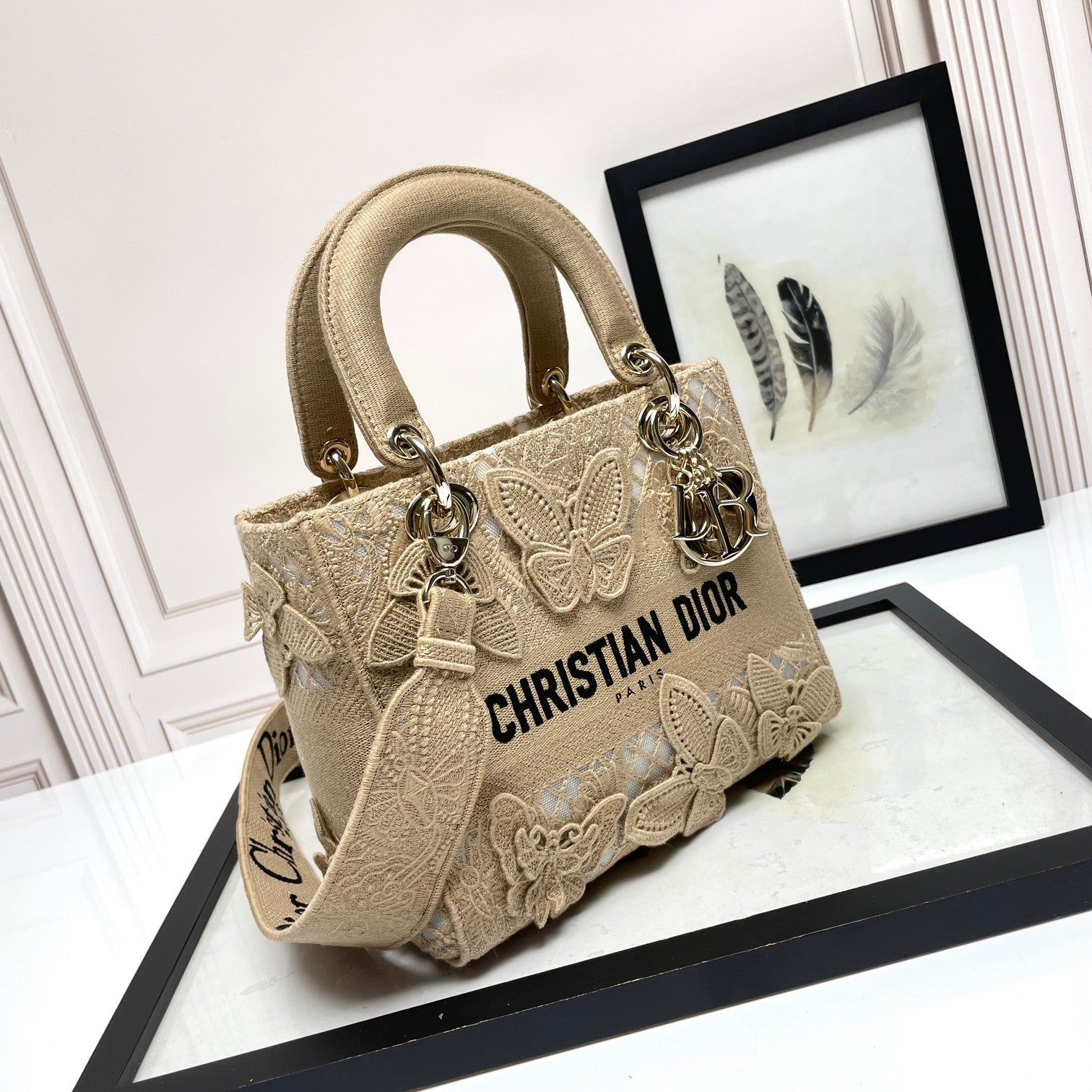 Christian Dior Lady D-Lite Bag with Butterfly Embroidery - Beige Canvas Handbag