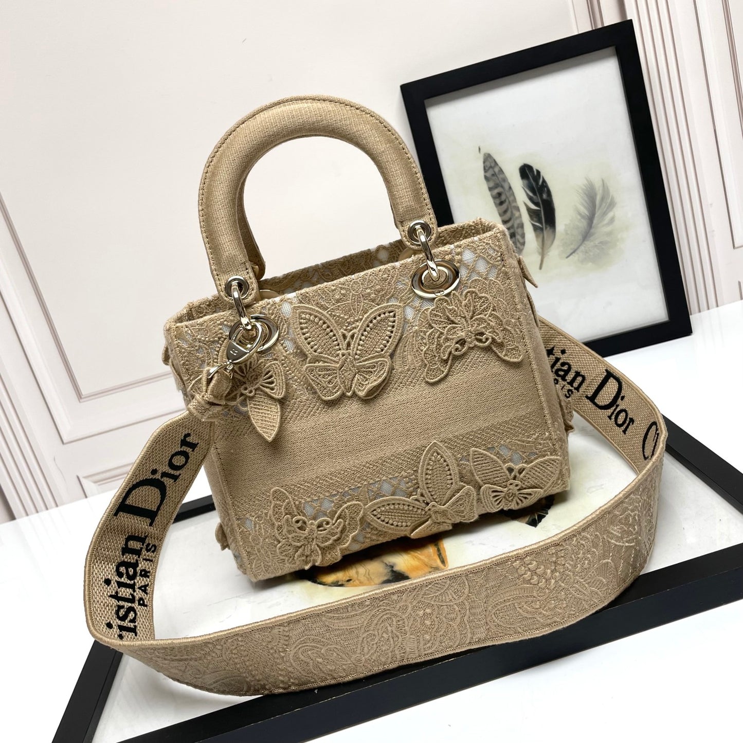 Christian Dior Lady D-Lite Bag with Butterfly Embroidery - Beige Canvas Handbag