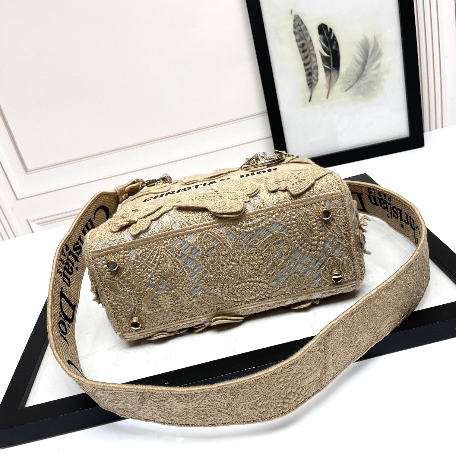 Christian Dior Lady D-Lite Bag with Butterfly Embroidery - Beige