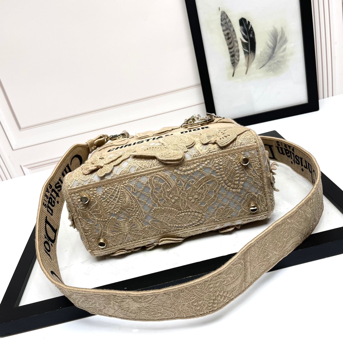 Christian Dior Lady D-Lite Bag Beige Butterfly Embroidered Canvas Handbag