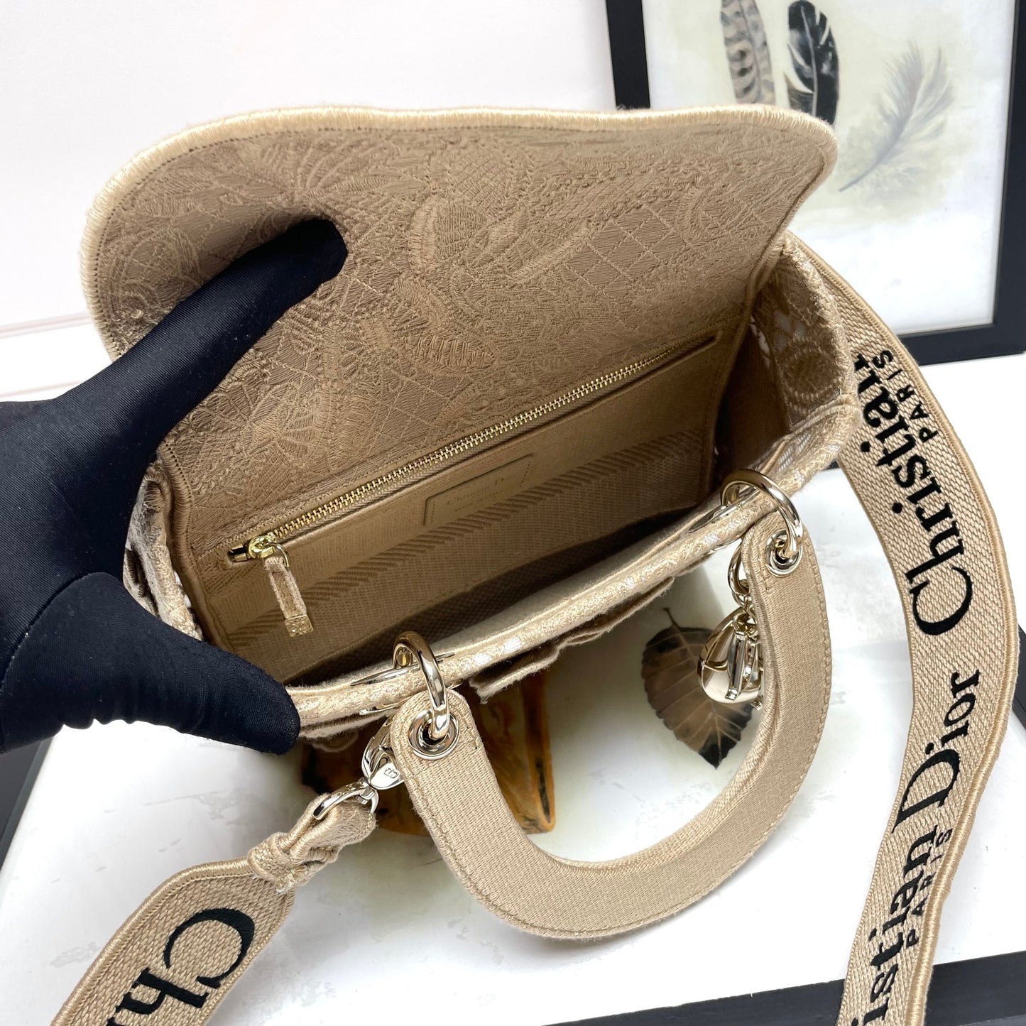Christian Dior Lady D-Lite Handbag in Beige Butterfly Embroidery