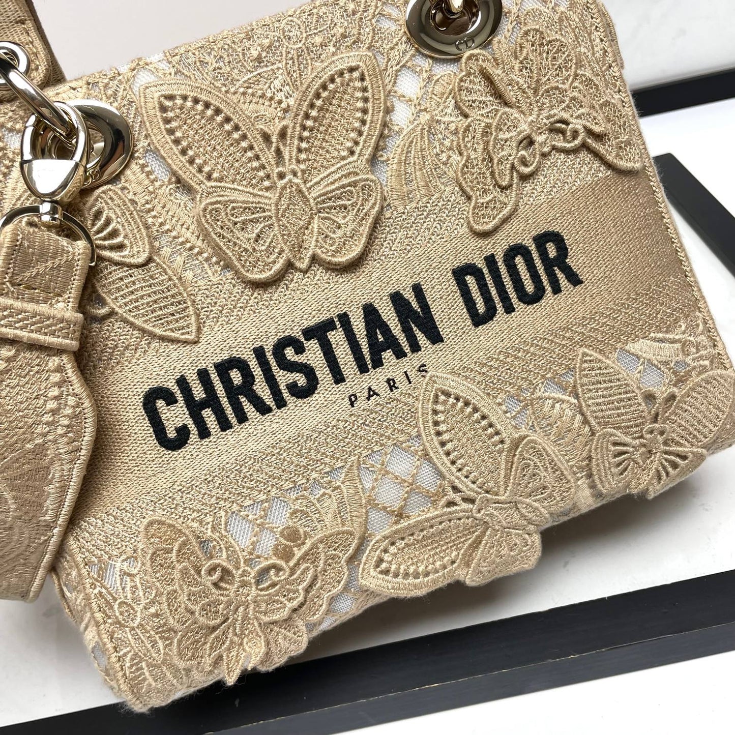 Christian Dior Lady D-Lite Bag with Butterfly Embroidery - Beige Canvas Handbag