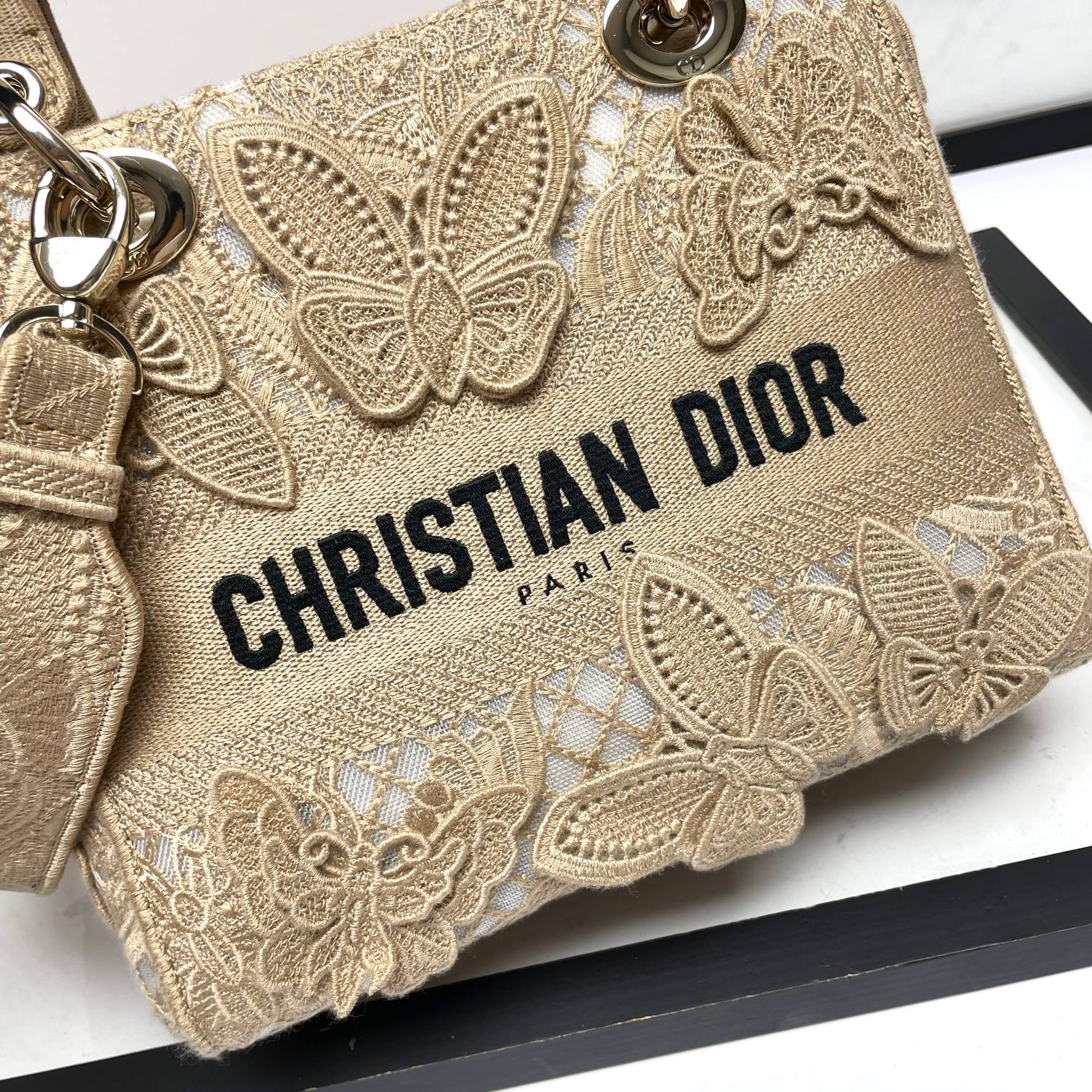 Christian Dior Lady D-Lite Bag with Butterfly Embroidery - Beige Canvas Handbag