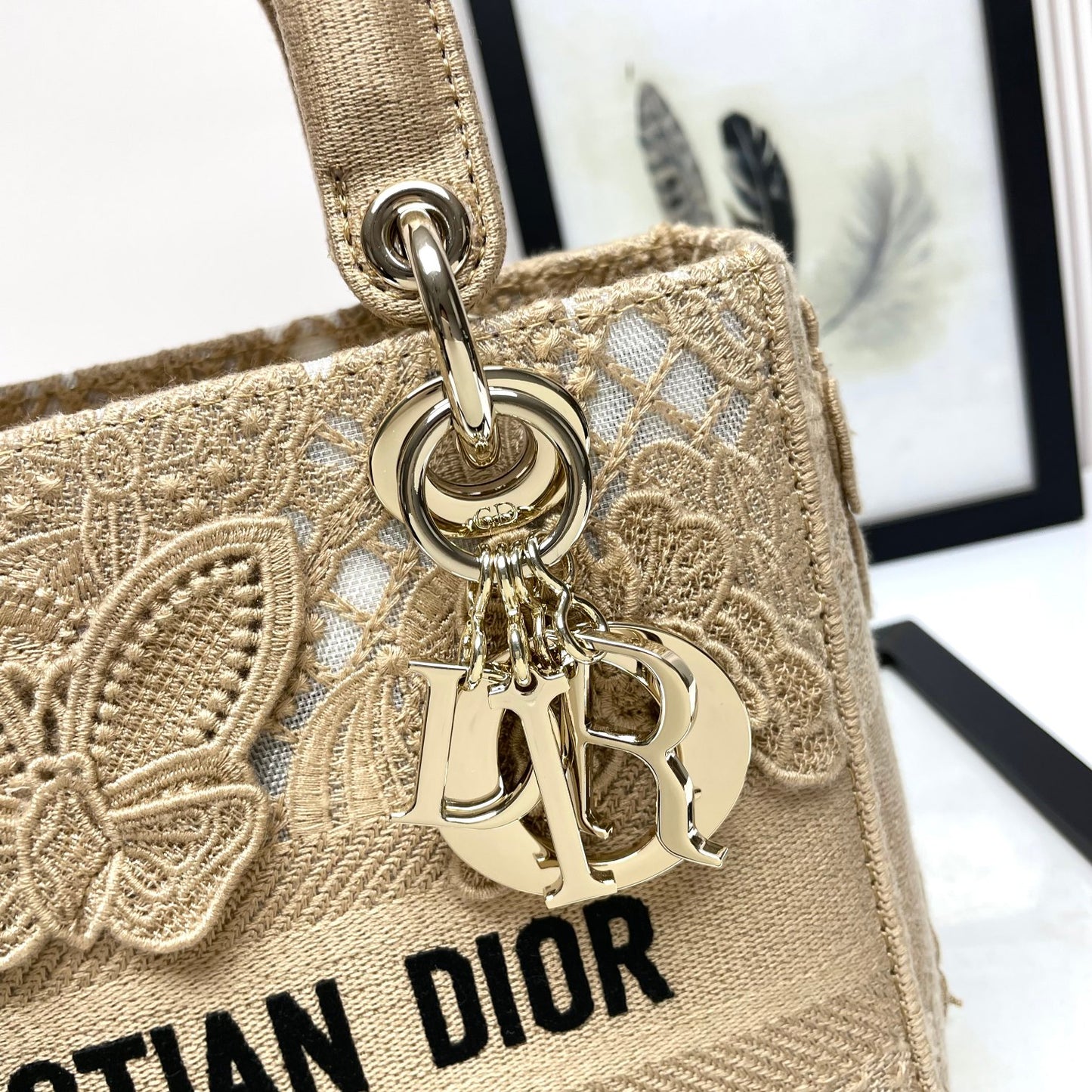Dior Elegant Beige Butterfly Embroidered Lace Top Handle Handbag