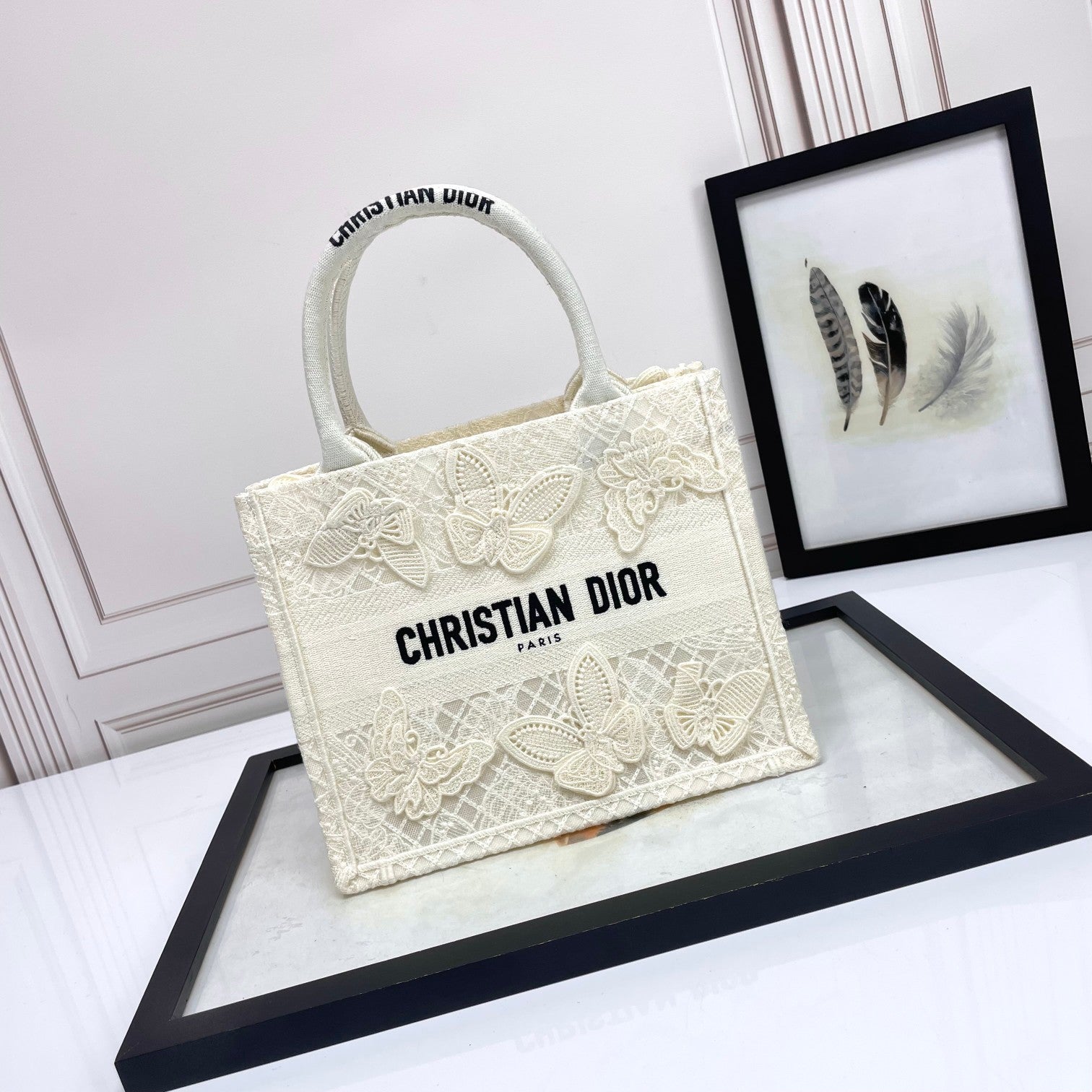 Christian Dior White Butterfly Embroidered Medium Book Tote Bag