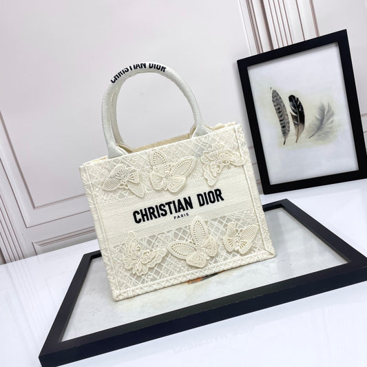 Christian Dior White Butterfly Embroidered Medium Book Tote Bag