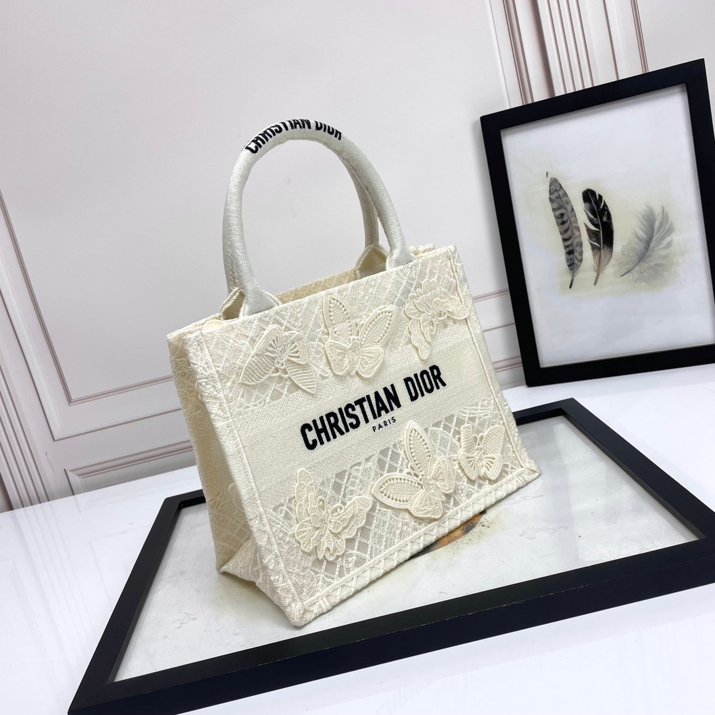 Christian Dior White Butterfly Embroidered Medium Book Tote Bag
