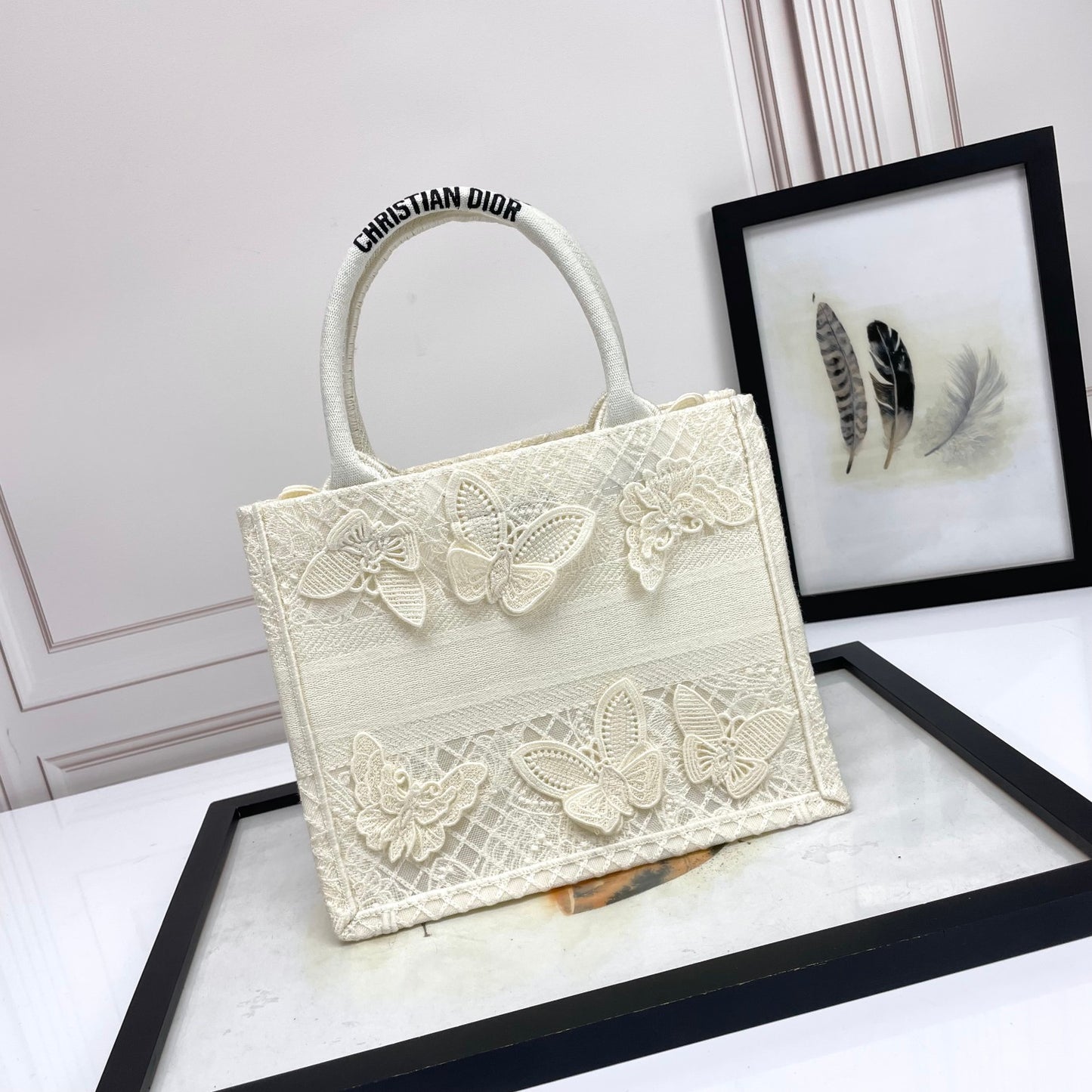 Christian Dior White Canvas Book Tote Bag with 3D Butterfly Embroidery
