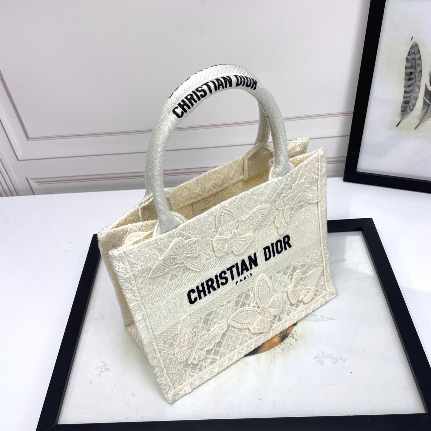 Christian Dior White Canvas Book Tote Bag with 3D Butterfly Embroidery