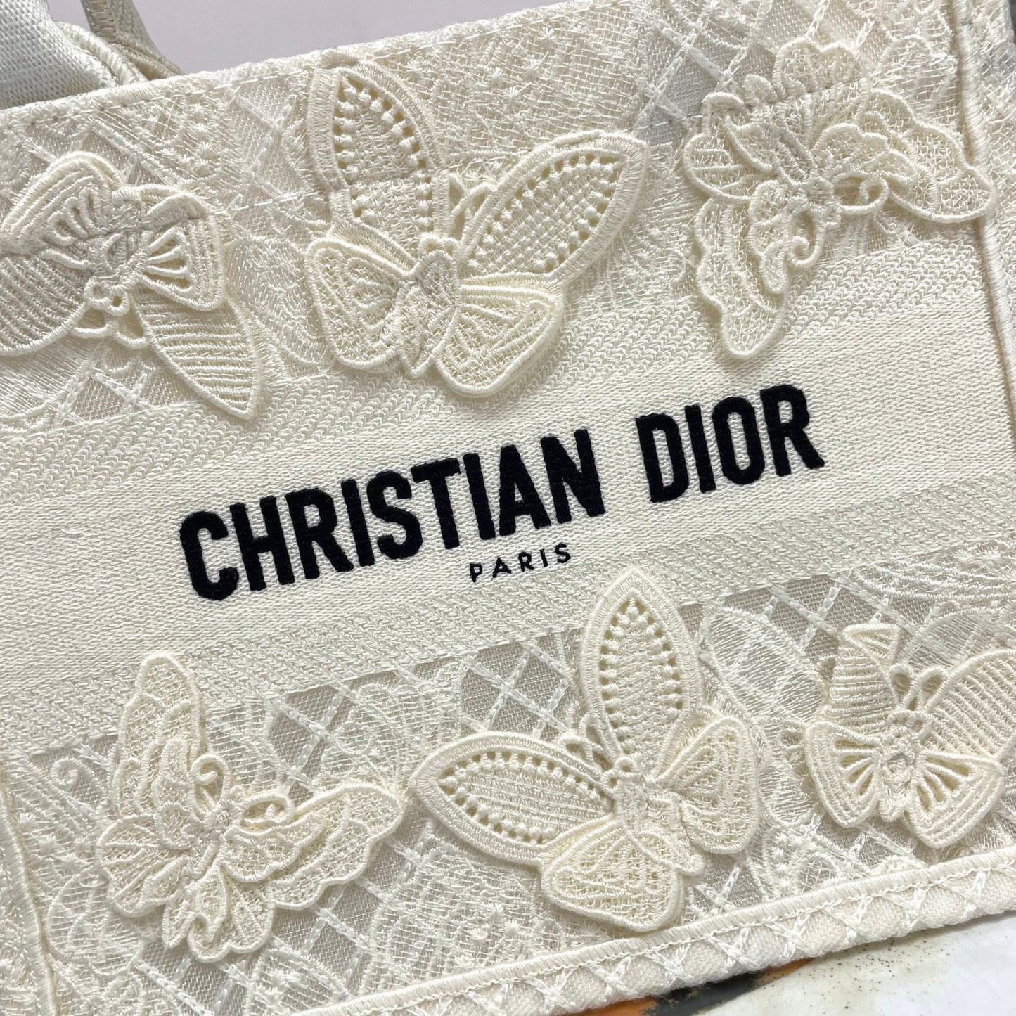 Christian Dior White Butterfly Embroidered Medium Book Tote Bag