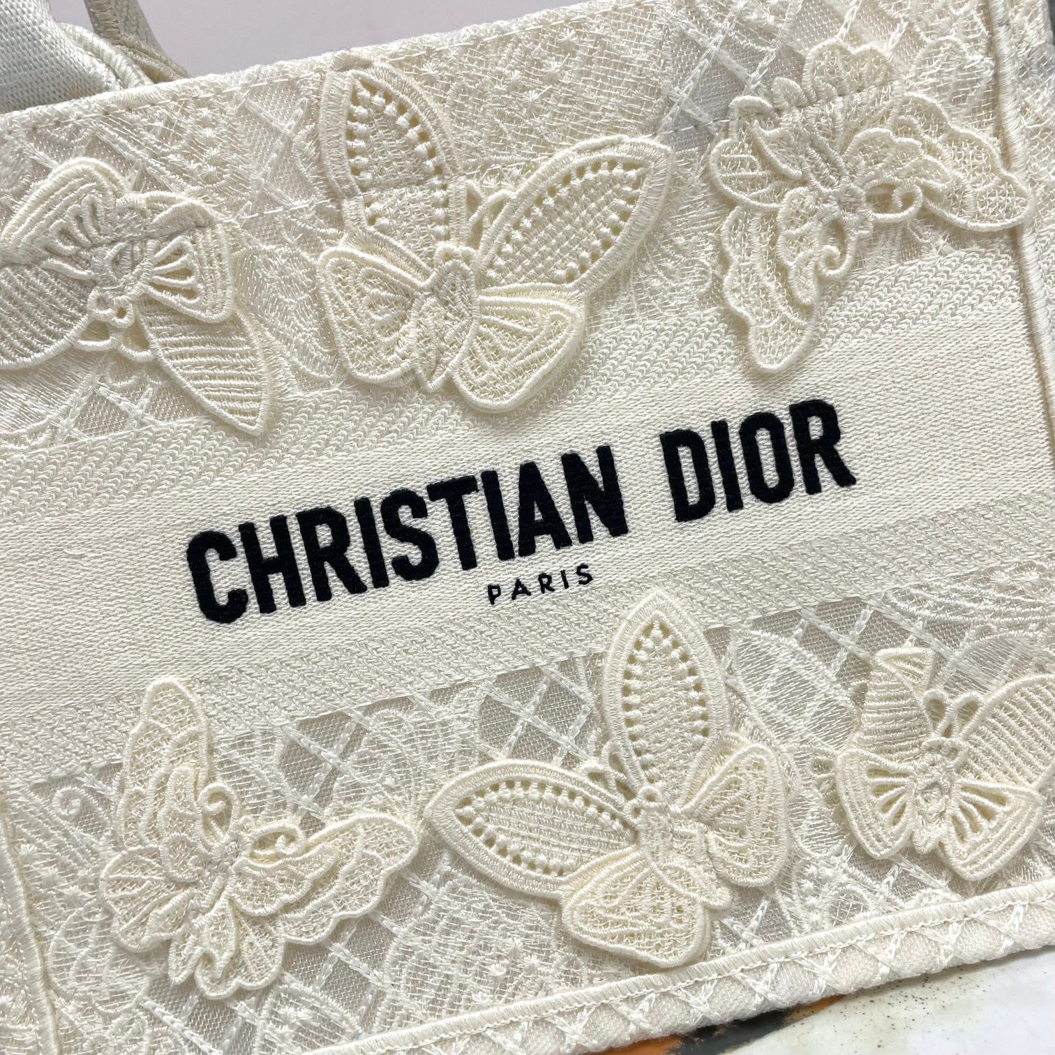 Christian Dior White Canvas Book Tote Bag with 3D Butterfly Embroidery