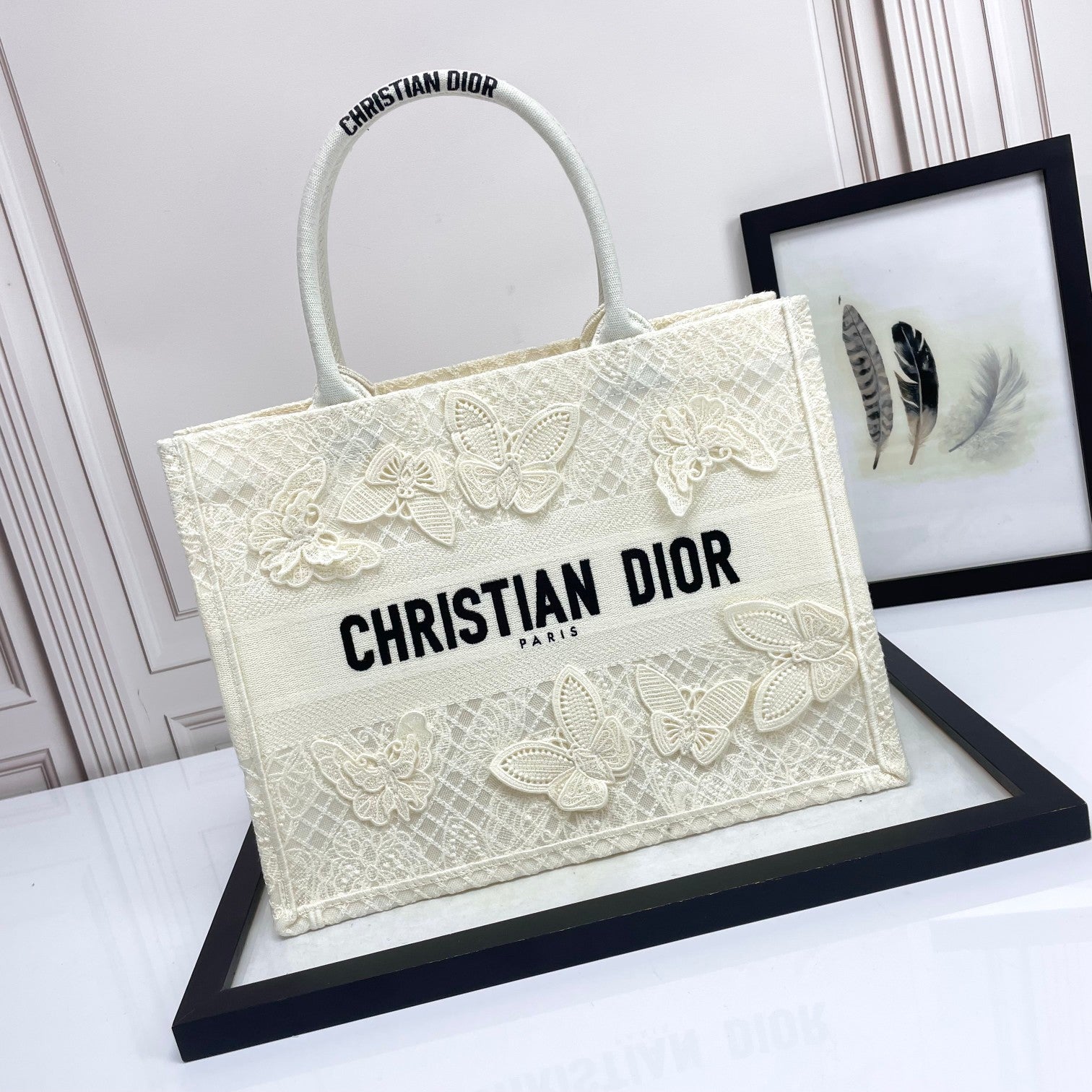 Christian Dior Medium Book Tote - White Butterfly Embroidery Canvas