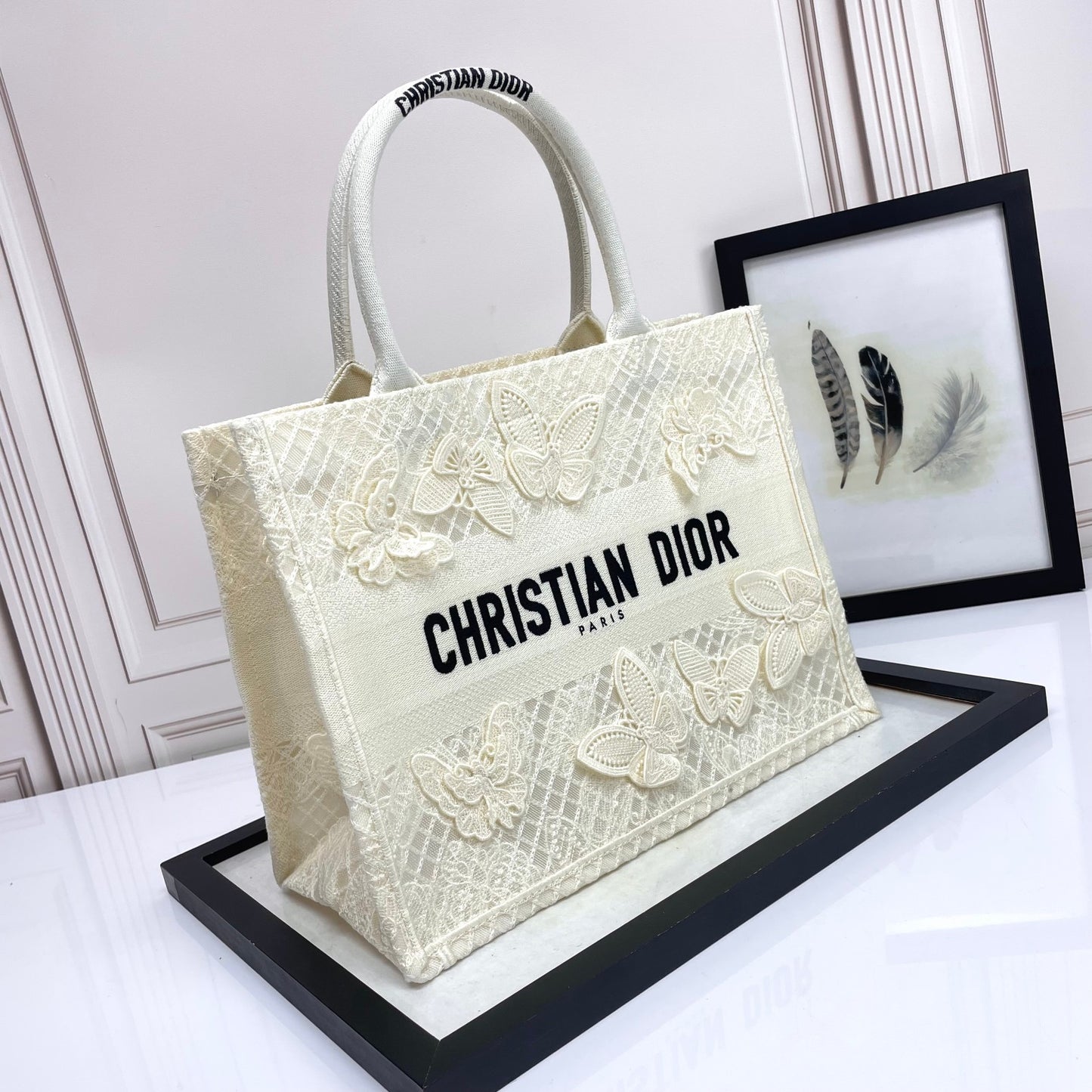 Christian Dior Medium Book Tote - White Butterfly Embroidery Canvas
