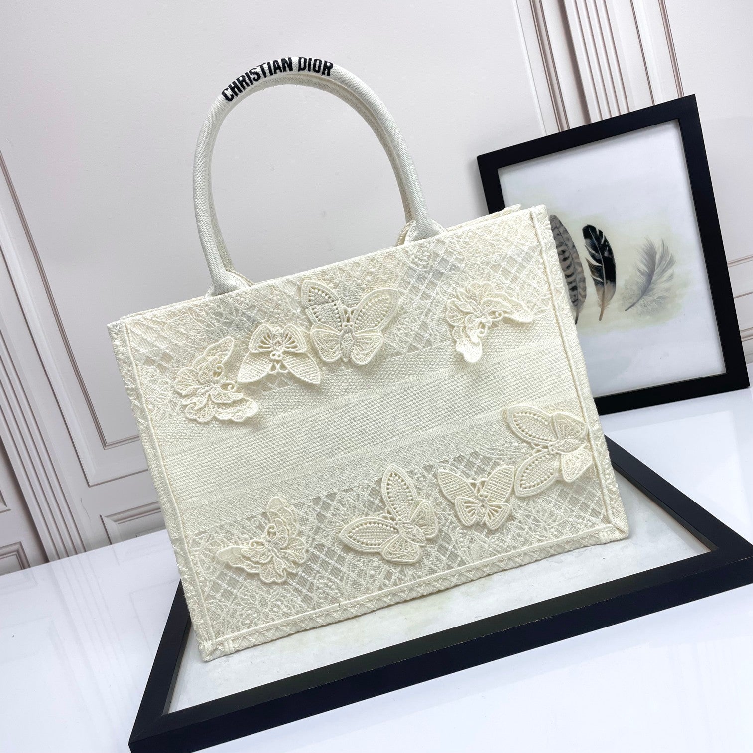 Christian Dior Medium Book Tote - White Butterfly Embroidery Canvas