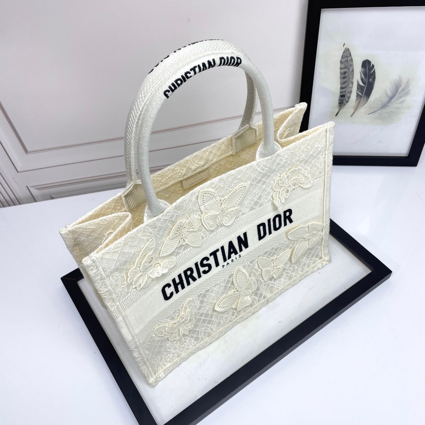 Dior White Butterfly Embroidery Canvas Tote Bag with Top Handles