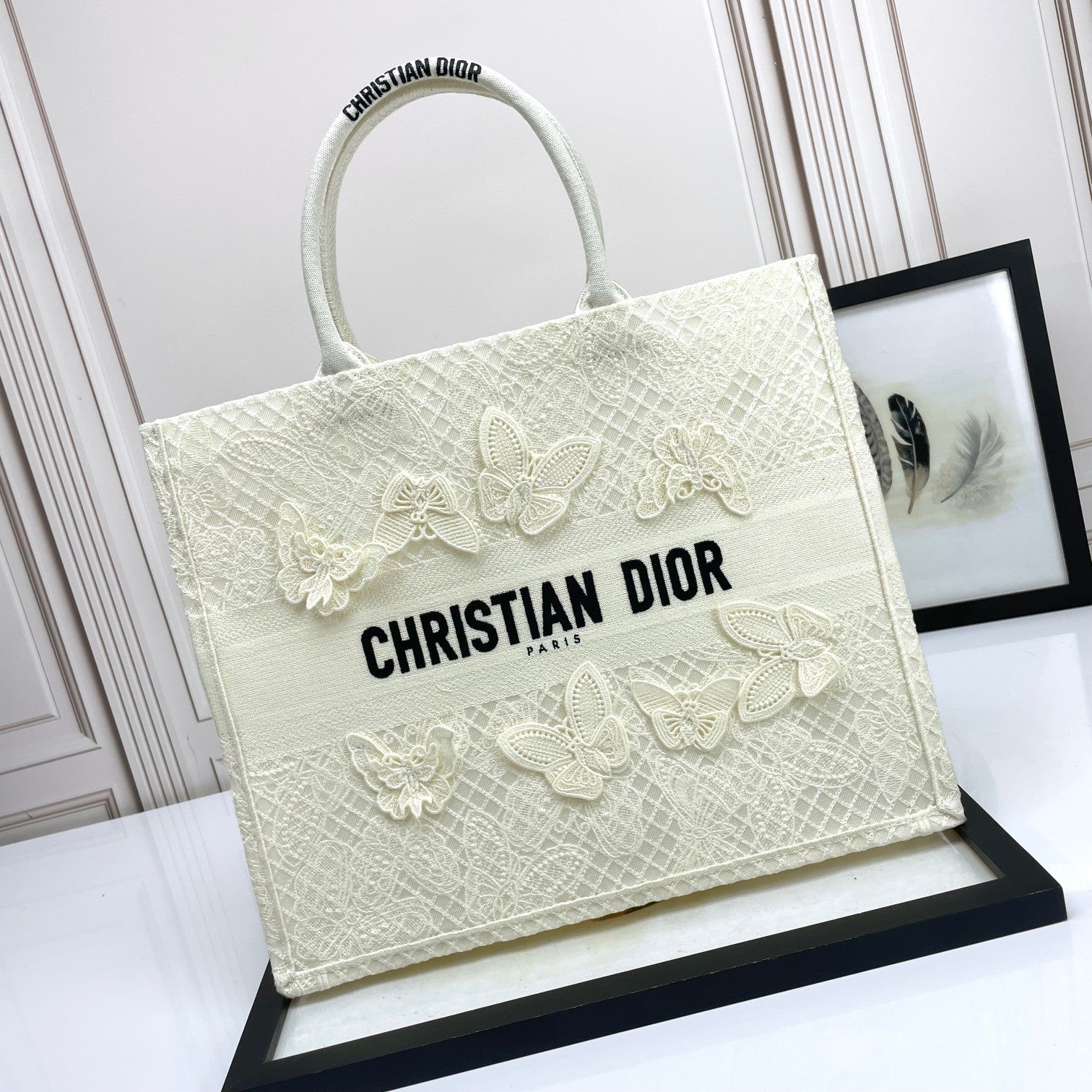 Dior Elegant Off-White Canvas Tote Bag with Butterfly Embroidery