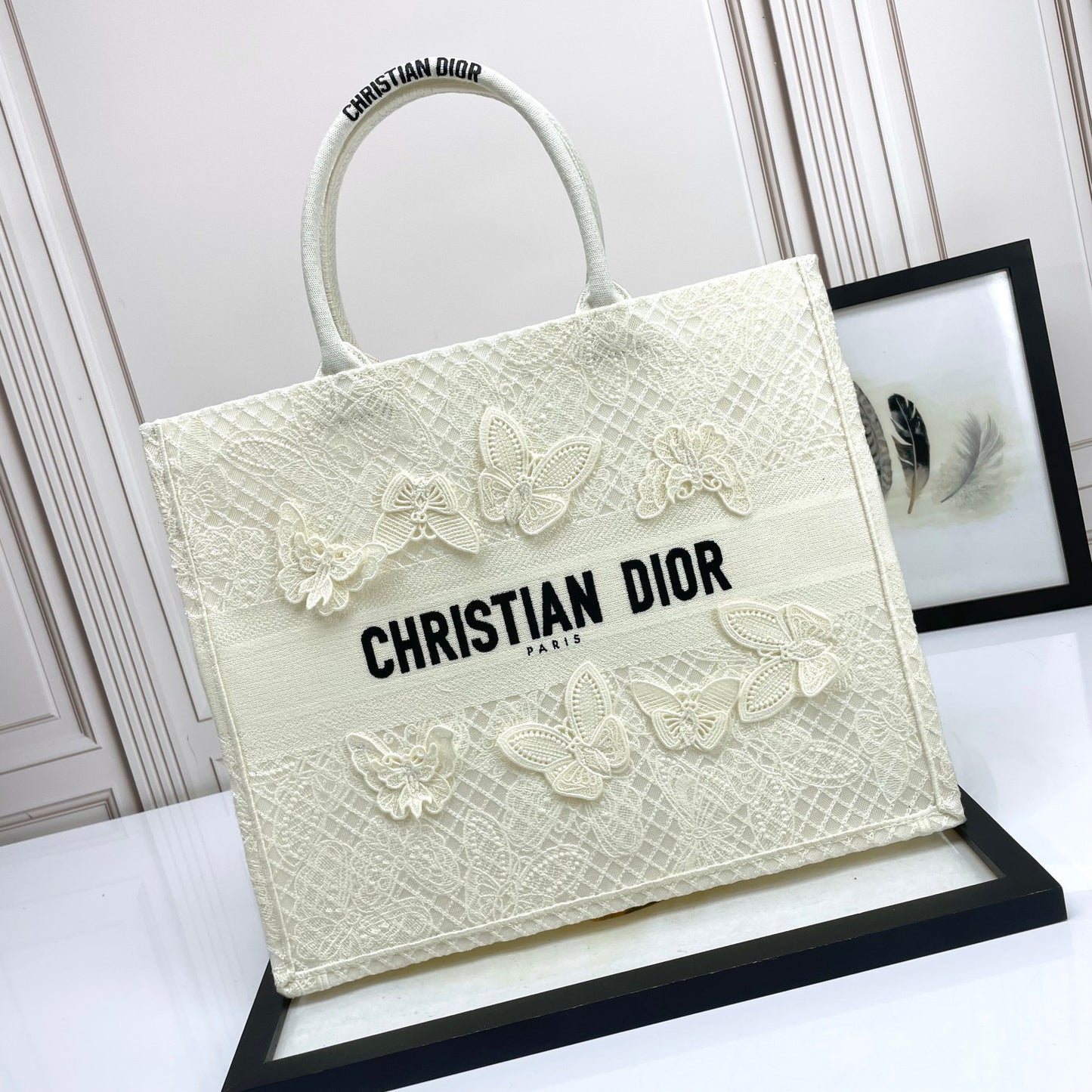 Christian Dior White Butterfly Embroidered Book Tote Handbag